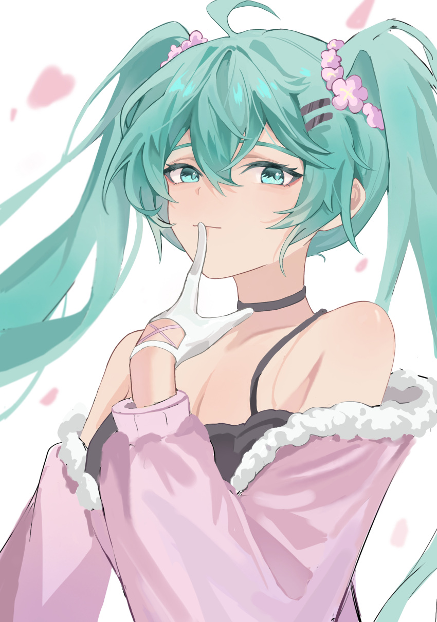1girl absurdres ahoge bangs bare_shoulders black_choker black_shirt breasts choker cleavage closed_mouth gloves green_eyes green_hair hair_ornament hatsune_miku highres jacket long_hair long_sleeves looking_at_viewer off_shoulder petals pink_jacket shiba257 shirt simple_background smile solo twintails upper_body vocaloid white_background white_gloves