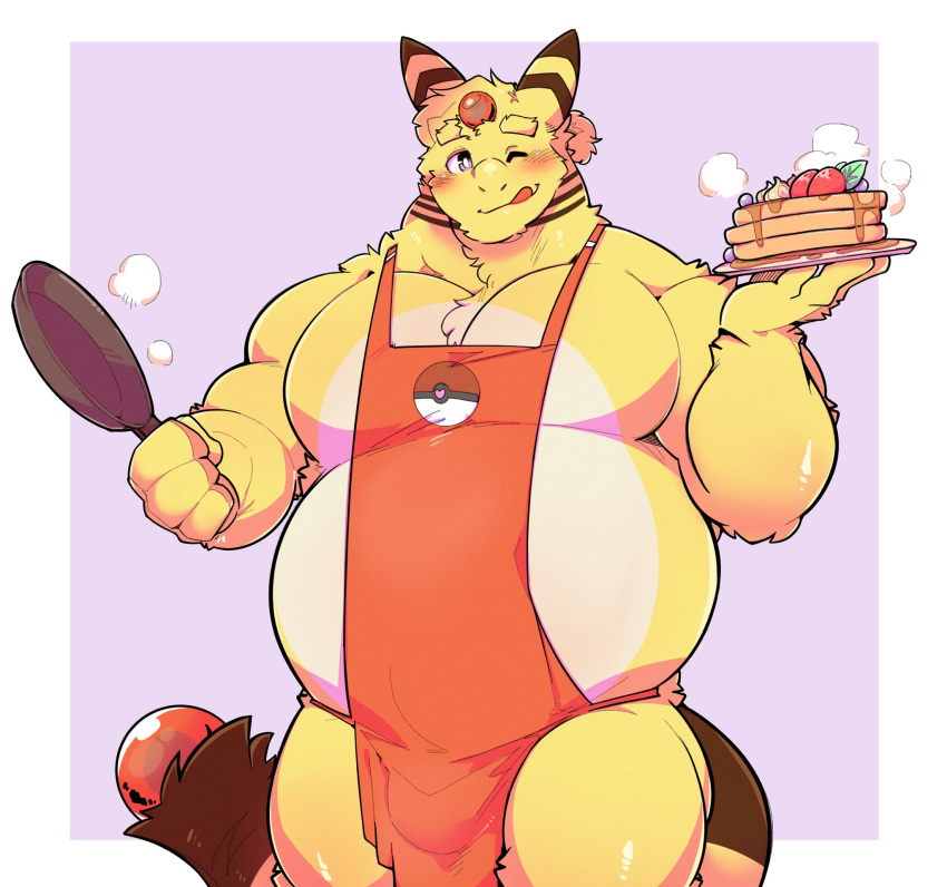 alleros_(howlingampharos) ampharos anthro apron apron_only belly big_belly big_bulge bulge clothing cookware cute_expression food frying_pan hi_res kitchen_utensils male mostly_nude nintendo pancake pecs pok&eacute;mon pok&eacute;mon_(species) seintaur solo thick_thighs tools video_games