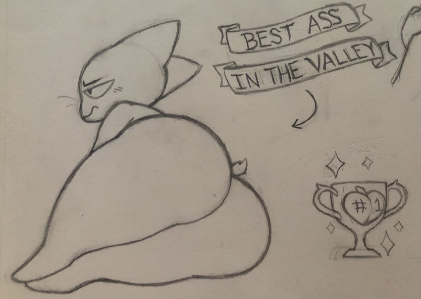anthro award big_butt blush bottom_heavy butt cartoon_network domestic_cat embarrassed felid feline felis food fruit hi_res huge_butt lying male mammal mao_mao:_heroes_of_pure_heart monochrome nude on_side peach_(fruit) plant ribbons sheriff_mao_mao_mao sketch small_tail solo sparkles thick_thighs traditional_media_(artwork) trophy whiskers zlut385