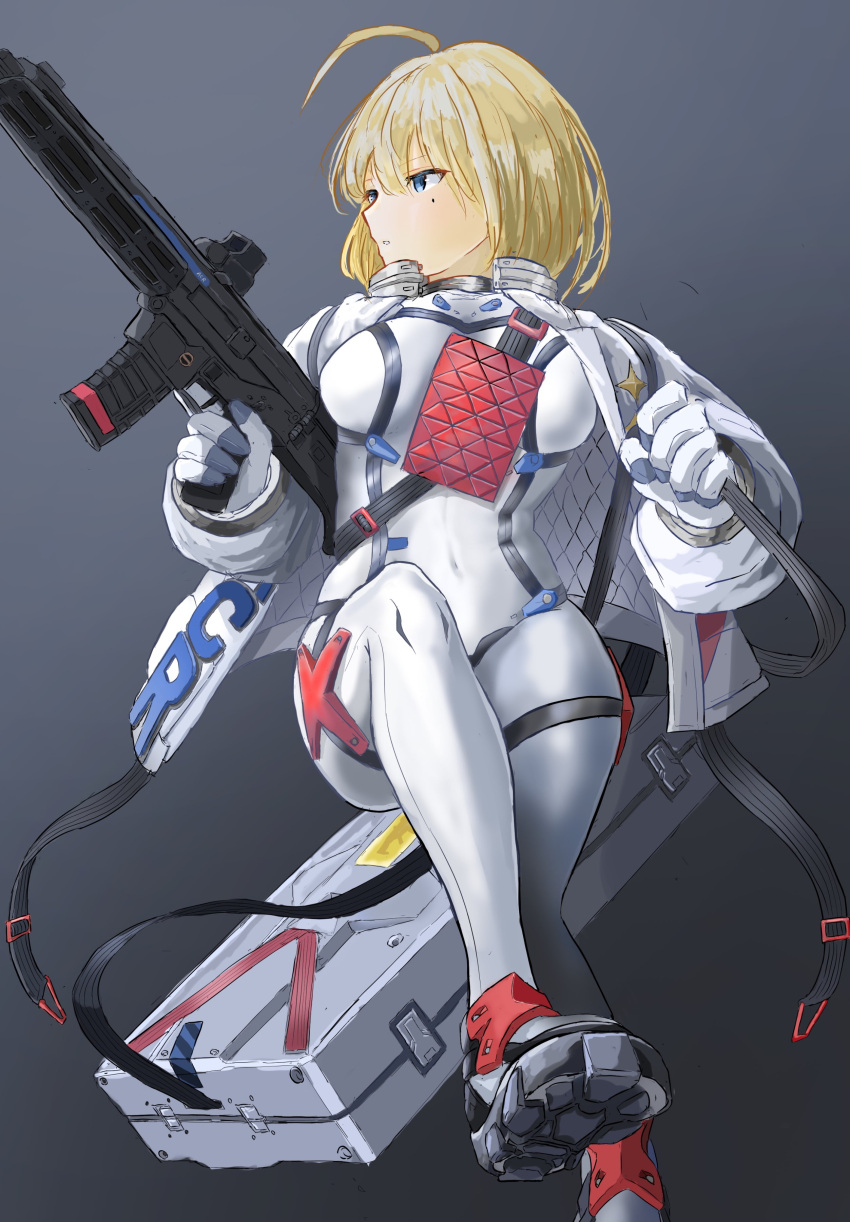 1girl absurdres acr_(girls'_frontline) ahoge assault_rifle bangs blonde_hair blue_eyes bodysuit breasts bushmaster_acr closed_mouth covered_navel flying full_body girls'_frontline gloves grey_background gun highres holding holding_gun holding_weapon jacket looking_away medium_breasts medium_hair mole mole_under_eye official_alternate_costume open_clothes open_jacket rifle solo spacesuit ssvtt1v3erngwyw tight weapon weapon_case white_bodysuit white_gloves white_jacket