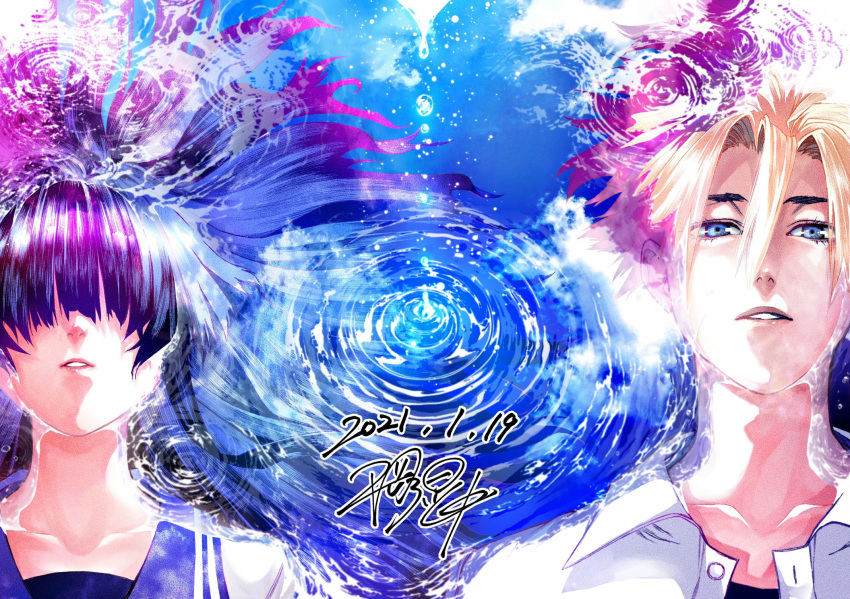 1boy 1girl blonde_hair blue_eyes collarbone collared_shirt dated denpa_teki_na_kanojo hair_between_eyes hair_over_eyes highres hiraoka_koushi juuzawa_juu ochibana_ame parted_lips partially_submerged portrait purple_hair ripples sailor_collar shirt water white_shirt