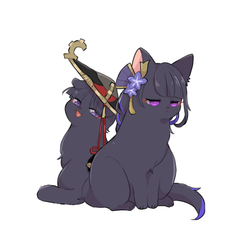 :3 animalization cat genshin_impact hair_ornament hat highres jingasa nasuka_gee no_humans purple_eyes raiden_shogun red_eyeliner scaramouche_(genshin_impact) simple_background white_background