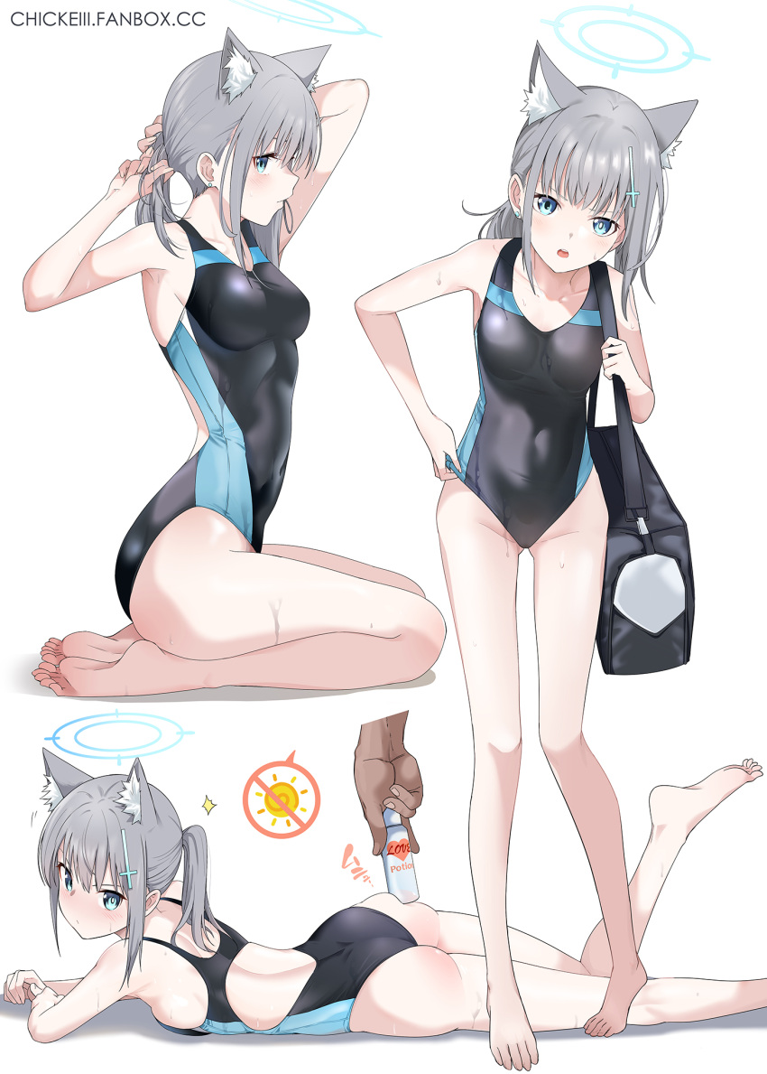 1girl 1other animal_ear_fluff animal_ears bag bangs barefoot black_swimsuit blue_archive blue_eyes breasts chicke_iii commentary_request competition_swimsuit covered_navel cross_hair_ornament extra_ears feet grey_hair hair_ornament halo highres lotion low_ponytail lying medium_breasts medium_hair mismatched_pupils multicolored_clothes multicolored_swimsuit multiple_views on_stomach one-piece_swimsuit seiza shiroko_(blue_archive) shiroko_(swimsuit)_(blue_archive) simple_background sitting soles standing sunscreen swimsuit toes white_background