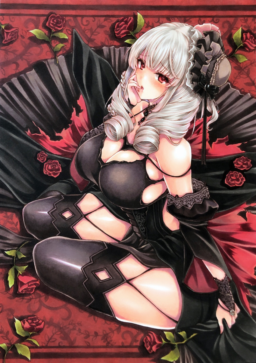 1girl azur_lane black_dress black_headwear black_thighhighs breasts cleavage detached_sleeves dress drill_locks flower from_side hat highres huge_breasts long_dress long_hair looking_at_viewer lutzow_(azur_lane) lutzow_(everlasting_blood_banquet)_(azur_lane) marker_(medium) mini_hat mktr_(princess_mktr) official_alternate_costume red_flower red_rose rose solo thighhighs traditional_media