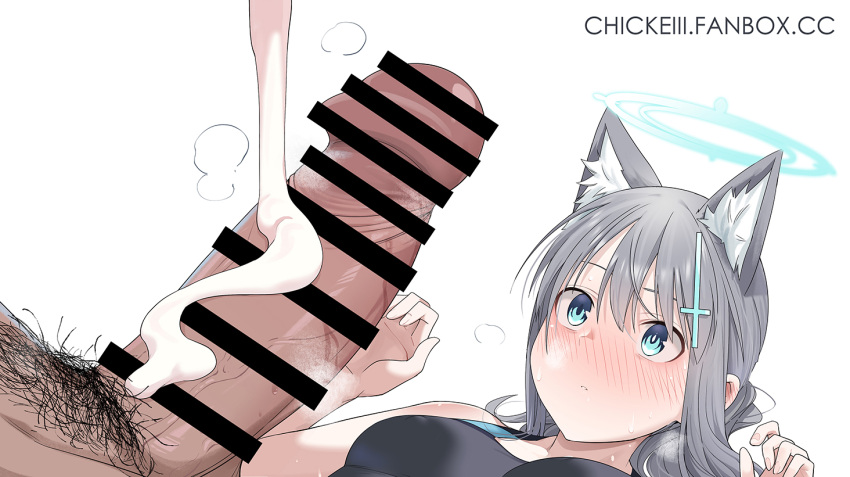 1boy 1girl animal_ear_fluff animal_ears bangs bar_censor black_swimsuit blue_archive blush breasts censored chicke_iii cross_hair_ornament erection extra_ears full-face_blush grey_hair hair_between_eyes hair_ornament halo looking_at_penis lotion lying male_pubic_hair medium_breasts nose_blush on_back parted_lips penis penis_awe pov pubic_hair shiroko_(blue_archive) shiroko_(swimsuit)_(blue_archive) simple_background solo_focus swimsuit white_background