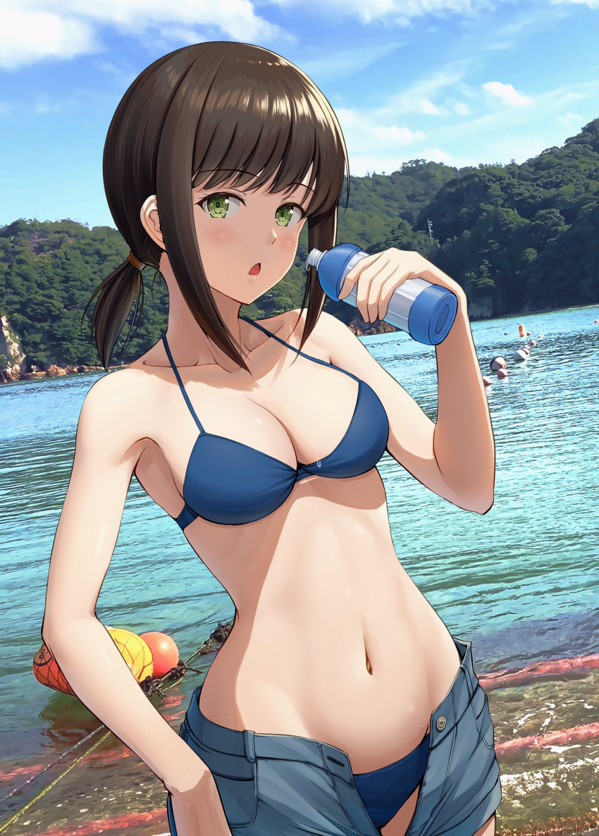 1girl bare_arms bare_shoulders bikini black_hair blue_bikini blue_shorts blush bottle breasts cleavage collarbone commentary day fubuki_(kancolle) green_eyes grey_shorts groin highres holding holding_bottle ichikawa_feesu kantai_collection looking_at_viewer low_ponytail medium_breasts medium_hair navel ocean open_fly open_mouth photo_background ponytail short_ponytail short_shorts shorts sidelocks solo swimsuit