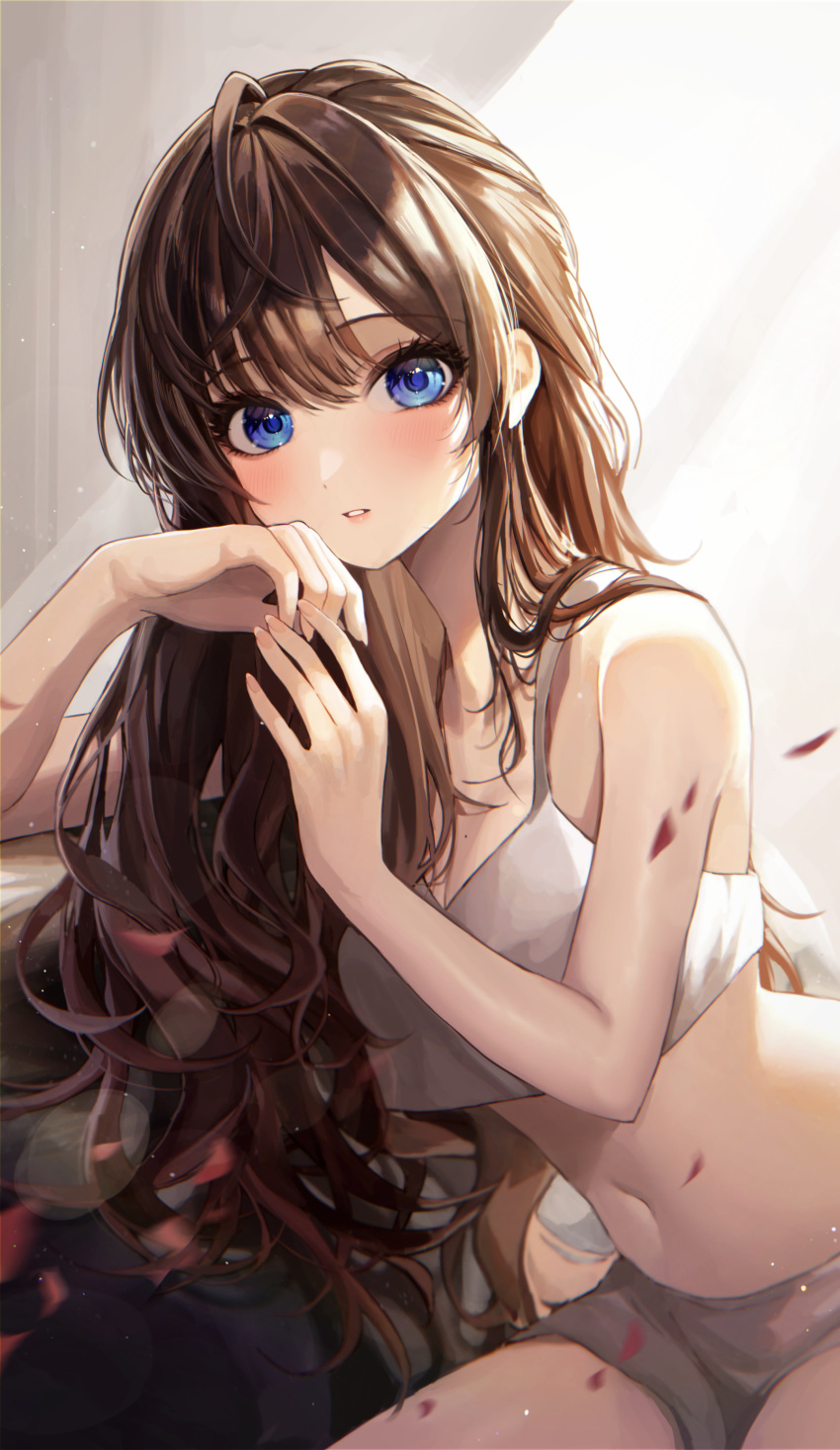 1girl absurdres ahoge arm_rest bangs bare_arms bare_shoulders blue_eyes blush breasts brown_hair cleavage crop_top curly_hair grey_shorts hair_intakes highres ichinose_shiki idolmaster idolmaster_cinderella_girls kudou_(sikisiki0000) leaning_to_the_side long_finger long_hair looking_at_viewer mole mole_on_breast navel parted_lips short_shorts shorts sidelocks sitting solo stomach tank_top very_long_hair white_tank_top wide-eyed