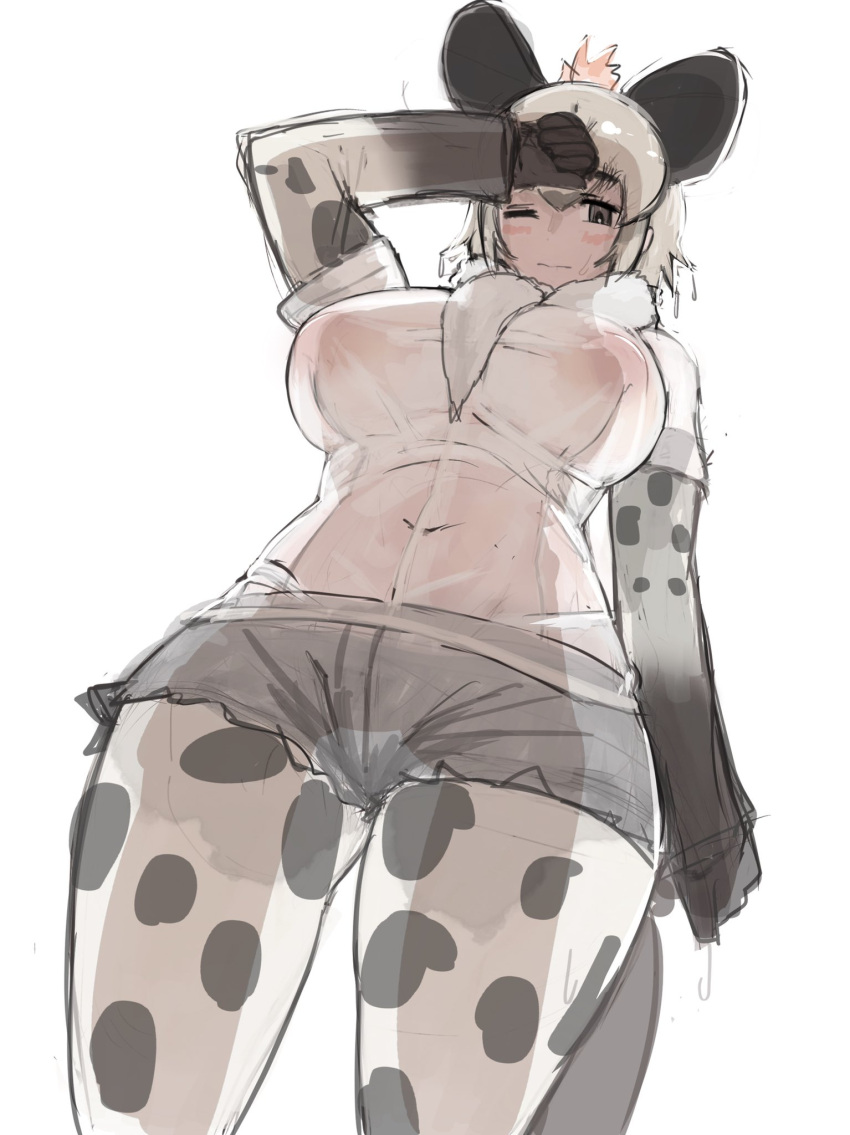 1girl alternate_breast_size animal_ears animal_print arm_at_side arm_up bangs breasts brown_eyes brown_hair closed_mouth covered_navel covered_nipples cutoffs dripping from_below fur_scarf grey_hair grey_shorts highres huge_breasts hyena_ears hyena_girl hyena_tail inverted_nipples kemono_friends layered_sleeves legwear_under_shorts long_hair long_sleeves multicolored_hair navel no_bra one_eye_closed pantyhose print_legwear print_sleeves scarf see-through shibori_kasu shirt short_over_long_sleeves short_shorts short_sleeves shorts simple_background sketch solo spotted_hyena_(kemono_friends) stomach tail wet wet_clothes wet_hair wet_shirt white_background white_shirt