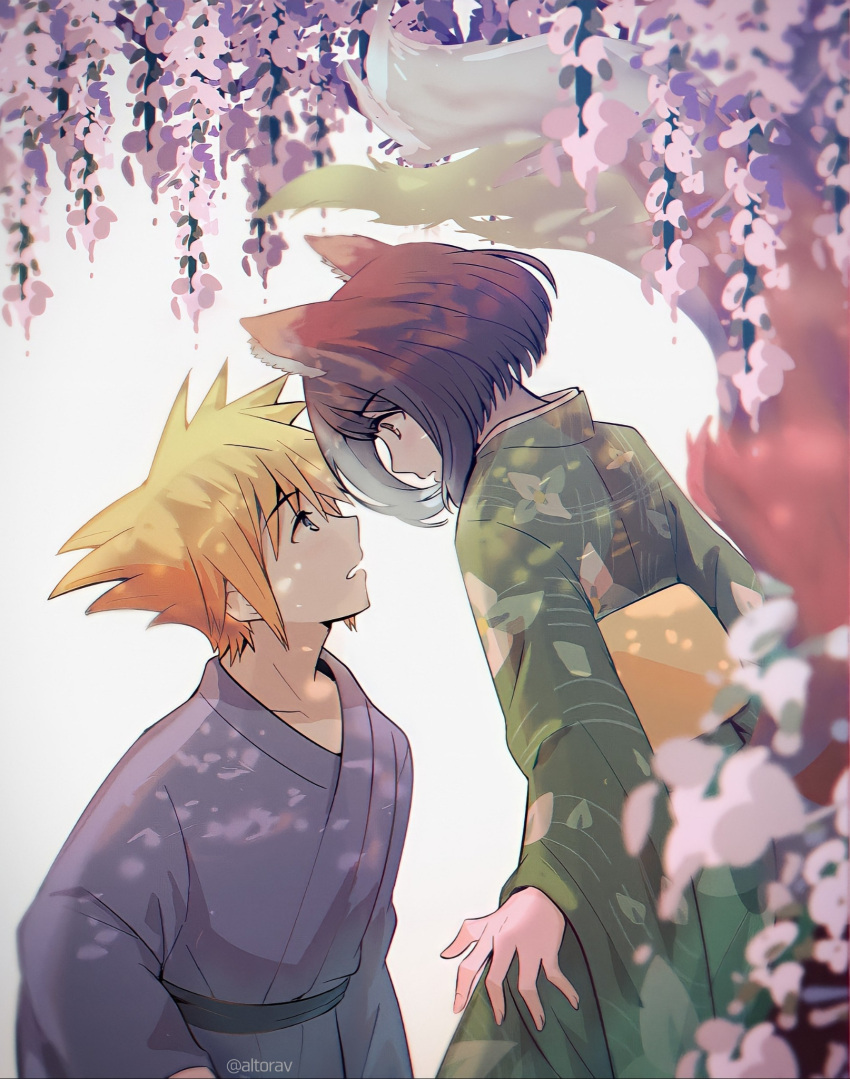 1boy 1girl altorav animal_ears artist_name blonde_hair blue_eyes brown_eyes brown_hair eye_contact flower fox_tail green_kimono grey_kimono hetero highres japanese_clothes kimono long_sleeves looking_at_another misaki_shiki obi outdoors sakuraba_neku sash short_hair standing subarashiki_kono_sekai tail wisteria