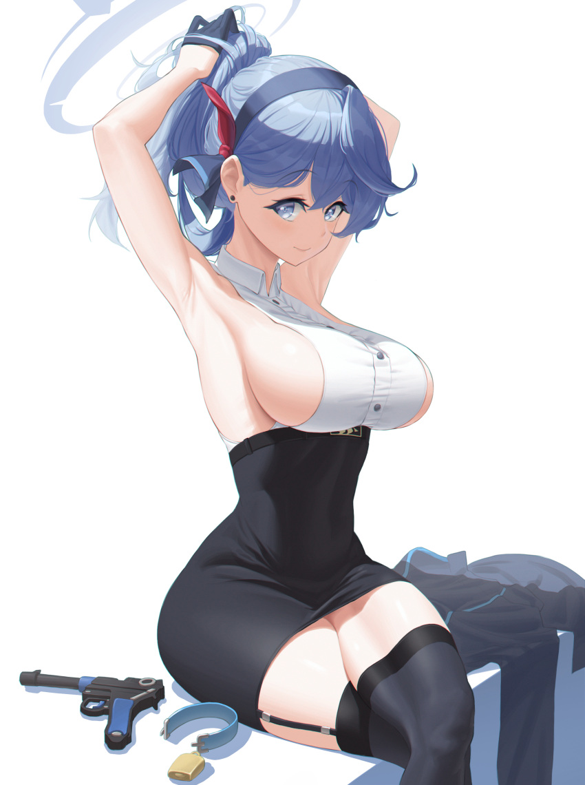 absurdres ako_(blue_archive) armpits arms_up bangs bare_arms bell black_gloves black_skirt black_thighhighs blue_archive blue_coat blue_eyes blue_hair blue_hairband breasts closed_mouth coat coat_removed collar_removed collared_shirt covered_navel cowbell crossed_legs demian_221 dress dress_shirt dressing earrings garter_straps gloves gun hair_between_eyes hairband half_gloves halo handgun highres invisible_chair jewelry large_breasts long_hair looking_at_viewer luger_p08 miniskirt neck_bell no_bra pantyhose pencil_dress pencil_skirt red_ribbon ribbon shirt sideboob sideways_glance simple_background sitting skirt sleeveless smile strapless swept_bangs taut_clothes taut_shirt thick_thighs thighhighs thighs tight tight_dress tube_top tying_hair weapon white_background