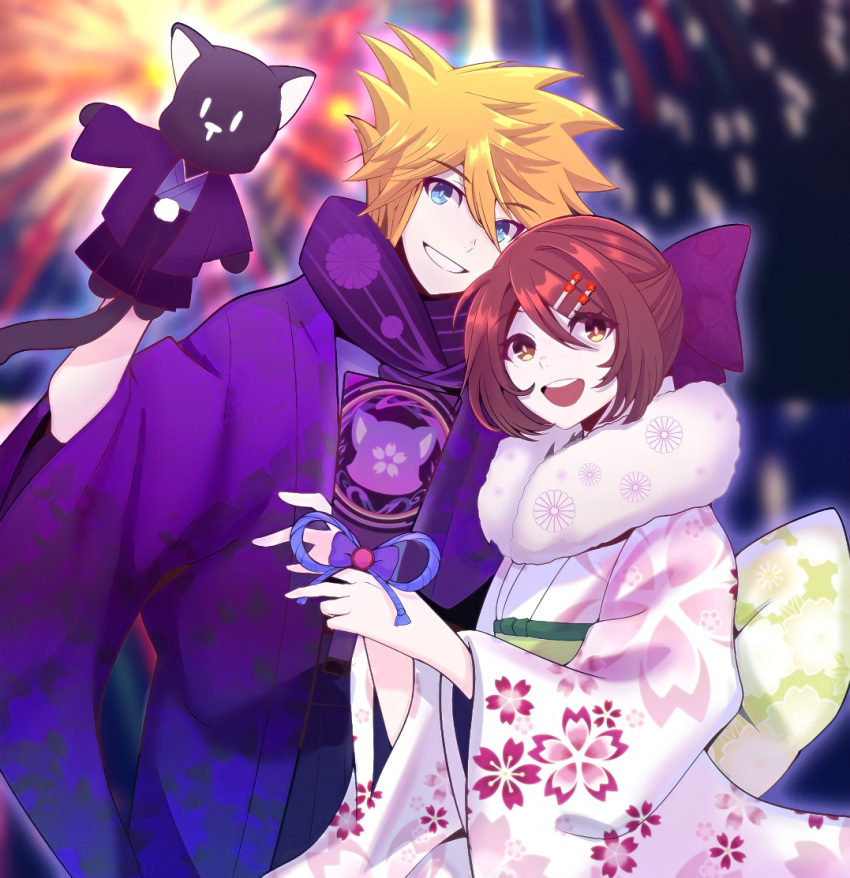 1boy 1girl :d aerial_fireworks altorav blonde_hair blue_kimono blurry blurry_background bow brown_eyes brown_hair fireworks floral_print fur_scarf hair_between_eyes hair_bow hair_ornament hairclip hand_puppet hetero japanese_clothes kimono misaki_shiki night nyantan outdoors puppet sakuraba_neku short_hair smile spiked_hair standing subarashiki_kono_sekai wide_sleeves