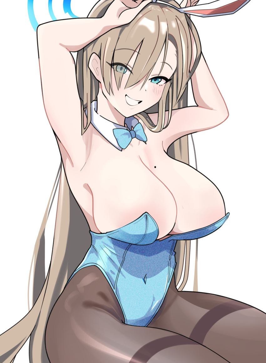 1girl absurdres animal_ears armpits arms_behind_head arms_up asuna_(blue_archive) asuna_(bunny)_(blue_archive) bangs bare_shoulders blue_archive blue_eyes blue_leotard blush breasts brown_pantyhose cleavage detached_collar fake_animal_ears grin hair_over_one_eye halo highleg highleg_leotard highres large_breasts leotard light_brown_hair long_hair looking_at_viewer mitche mole mole_on_breast pantyhose playboy_bunny rabbit_ears smile solo thighs very_long_hair