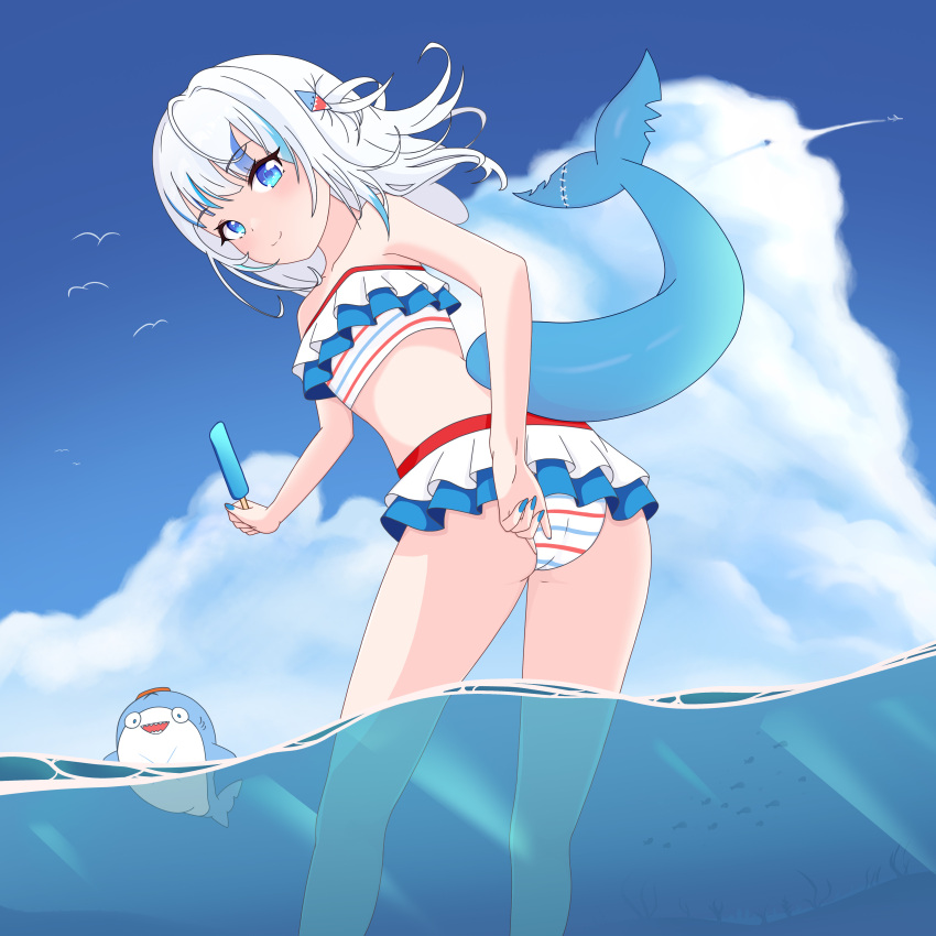 1girl absurdres adjusting_clothes adjusting_swimsuit amrb ass bangs bare_back beach bent_over bikini bloop_(gawr_gura) blue_sky blush cloud cloudy_sky day fish fish_tail food frilled_bikini frills from_behind gawr_gura highres hololive hololive_english hot leaning_forward looking_at_viewer looking_back multicolored_hair ocean outdoors partially_submerged popsicle shark_girl shark_tail sky smile standing streaked_hair summer sunlight swimsuit tail two-tone_hair underwater virtual_youtuber wading water