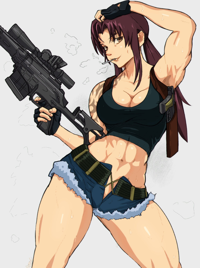 1girl abs arm_tattoo black_gloves black_lagoon black_tank_top breasts brown_eyes brown_hair cigarette commentary cowboy_shot crop_top denim denim_shorts english_commentary finger_on_trigger fingerless_gloves gloves gun handgun highres holding holding_gun holding_weapon holster looking_at_viewer midriff muscular muscular_female navel ponytail revy_(black_lagoon) rifle short_shorts shorts shoulder_holster sidelocks simple_background smoke smoking sniper_rifle solo standing tank_top tattoo weapon yoracrab