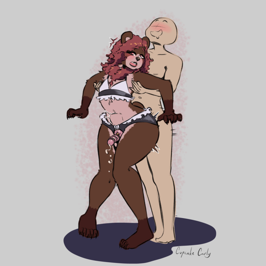 2022 anthro bodily_fluids brown_body brown_fur carly_bear chastity_cage chastity_device claws clothing cum cupcakecarly digital_media_(artwork) duo faceless_character faceless_male from_behind_position fur genital_fluids genitals girly grey_background hair hi_res human human_on_anthro interspecies male male/male mammal navel nude penis pink_hair sex simple_background smile ursid