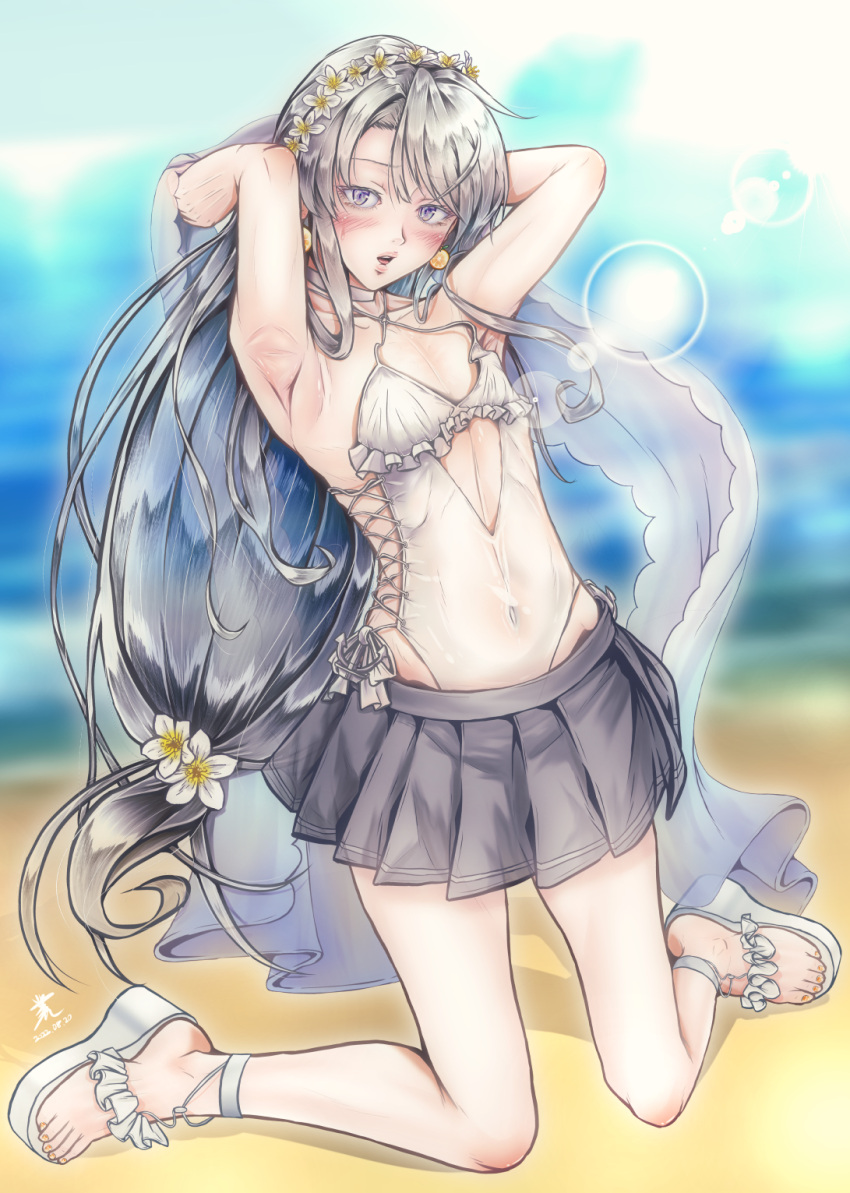 1girl anchor asymmetrical_bangs bangs beach breasts casual_one-piece_swimsuit choker commentary_request flower frilled_swimsuit frills full_body goushougun-sensei grey_hair grey_skirt hair_flower hair_ornament hairband highleg highleg_swimsuit highres kantai_collection leaning_back lips long_hair looking_at_viewer low-tied_long_hair ocean official_alternate_costume one-piece_swimsuit pleated_skirt purple_eyes sagiri_(kancolle) shawl side-tie_swimsuit sitting skirt small_breasts solo swept_bangs swimsuit toeless_footwear wariza white_choker white_shawl white_swimsuit