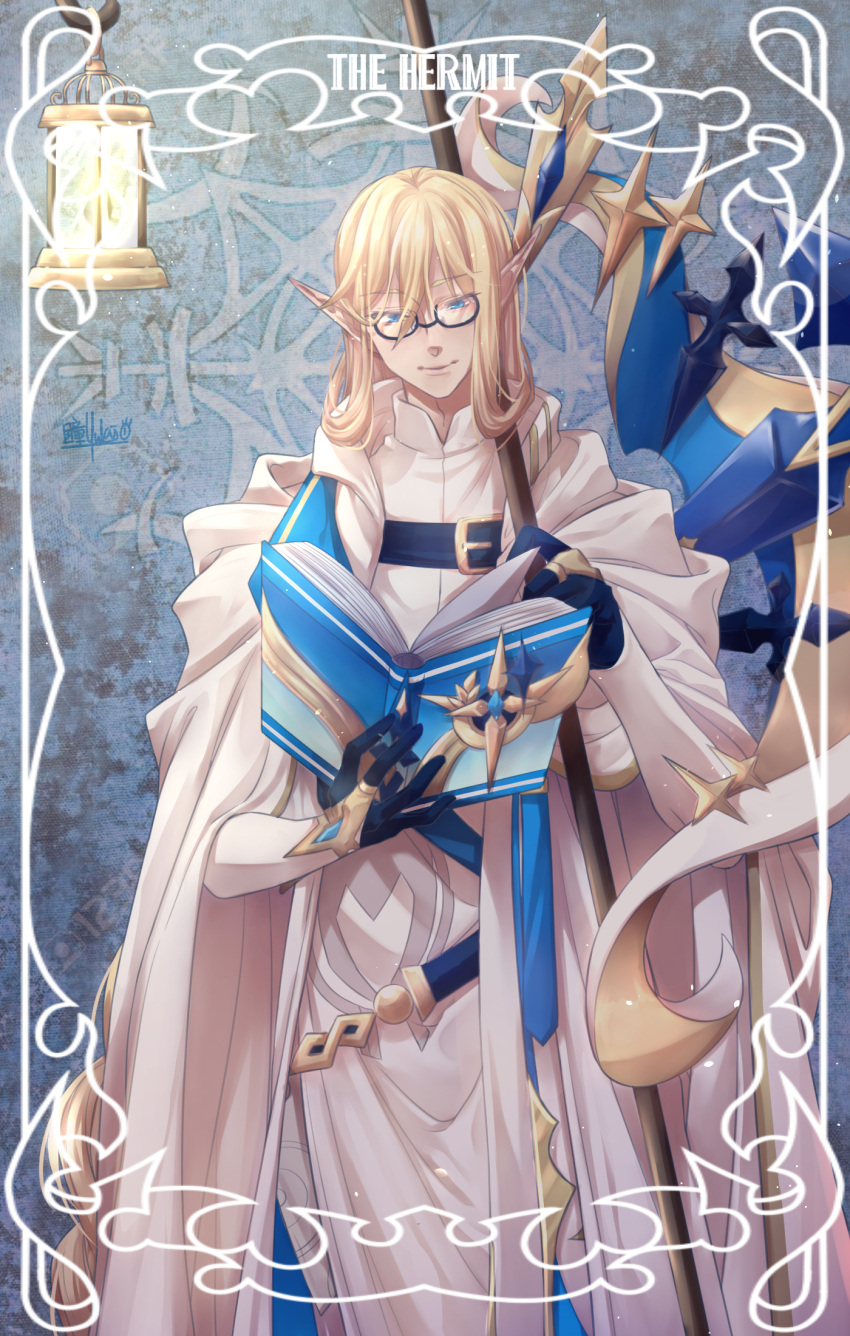 1boy belt black-framed_eyewear blonde_hair blue_belt blue_eyes blue_gloves book bridal_gauntlets chest_belt cloak elf facing_viewer feet_out_of_frame framed glasses gloves grand_chase hair_between_eyes highres holding holding_book holding_staff kassias_grandiel lantern long_hair male_focus mandarin_collar mixed-language_commentary open_book pointy_ears reading robe smile solo staff standing straight-on the_hermit_(tarot) very_long_hair white_cloak white_robe yukiikn