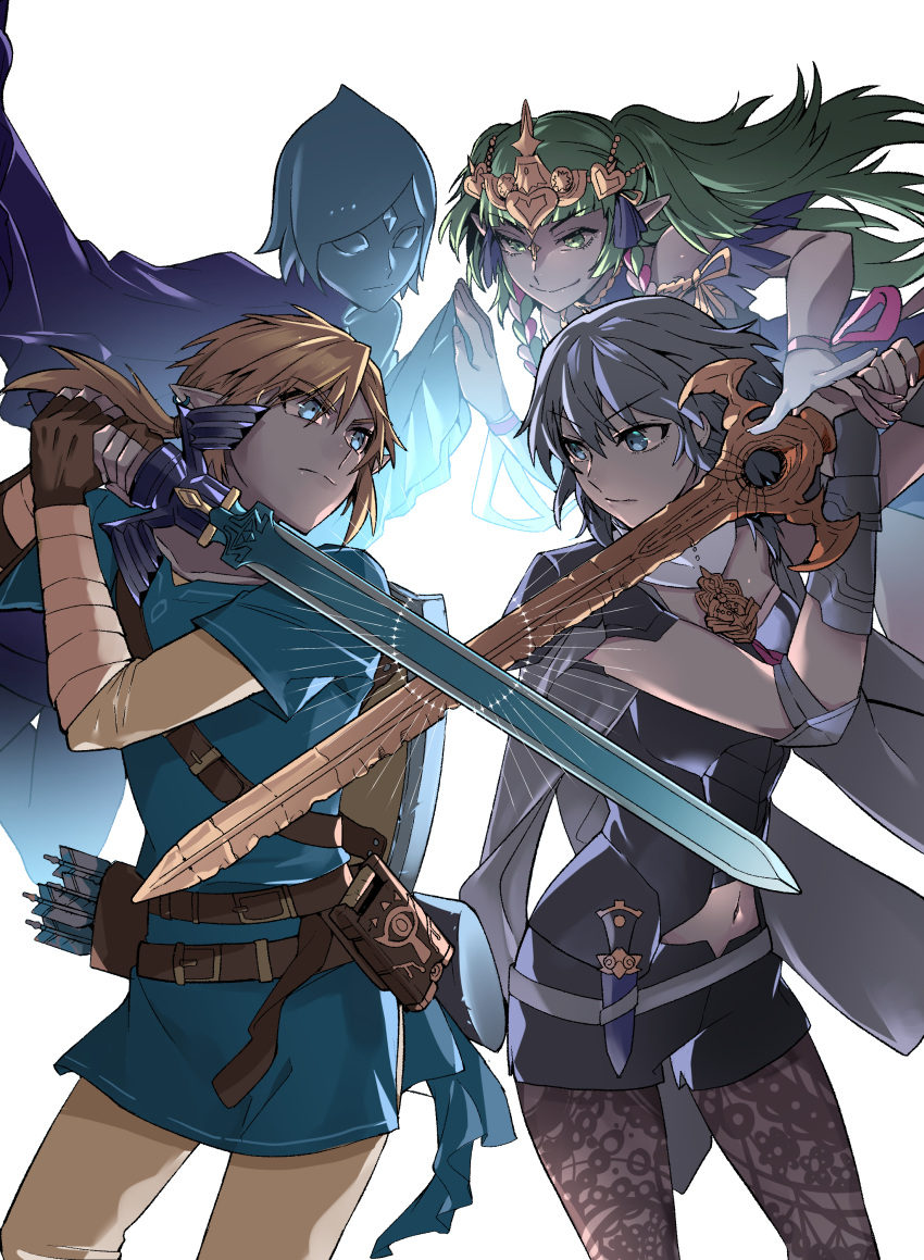 1boy 3girls absurdres baaaam_7 bangs blonde_hair blue_eyes blue_hair breasts byleth_(fire_emblem) byleth_(fire_emblem)_(female) cleavage earrings fi_(zelda) fire_emblem fire_emblem:_three_houses gloves green_hair hair_between_eyes hair_ornament highres holding holding_sword holding_weapon jewelry link long_hair master_sword multiple_girls navel pantyhose pointy_ears short_hair simple_background smile sothis_(fire_emblem) super_smash_bros. sword sword_of_the_creator the_legend_of_zelda the_legend_of_zelda:_breath_of_the_wild the_legend_of_zelda:_skyward_sword triforce weapon