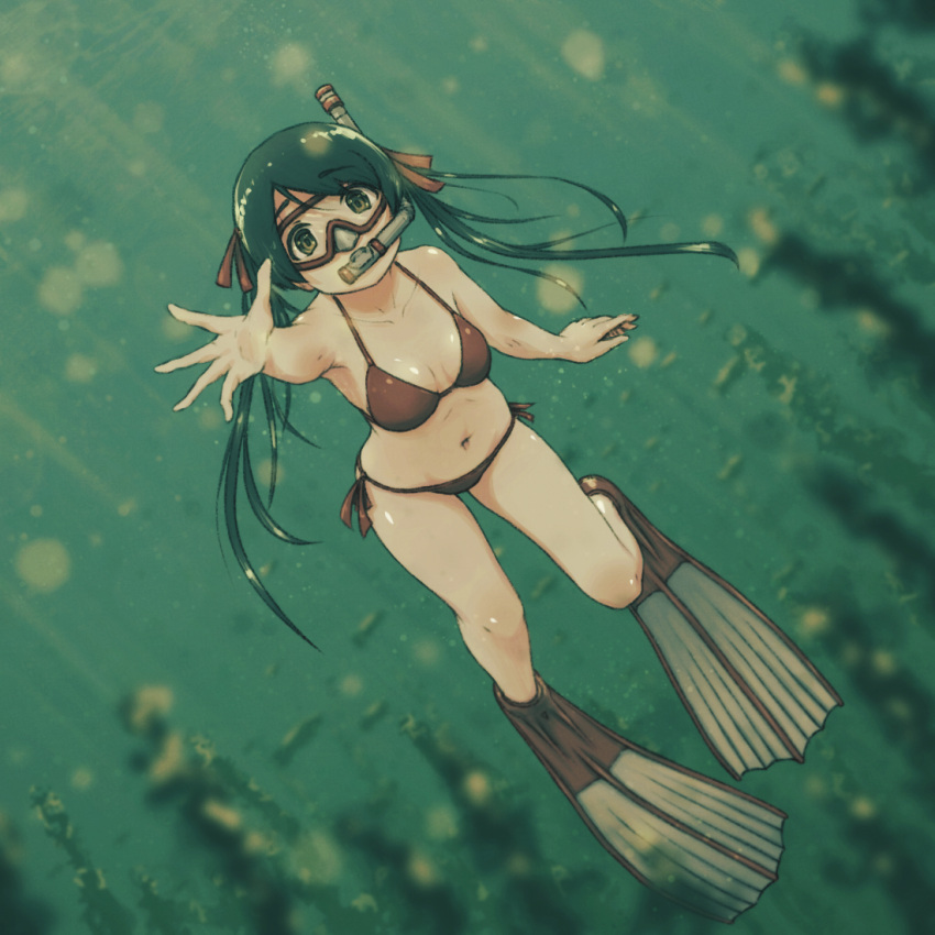 1girl air_bubble bikini breasts bubble diving_mask flippers freediving goggles green_eyes green_hair hair_ribbon kantai_collection long_hair mikuma_(kancolle) navel official_alternate_costume red_bikini red_ribbon ribbon side-tie_bikini small_breasts snorkel solo swimsuit twintails underwater vorisar