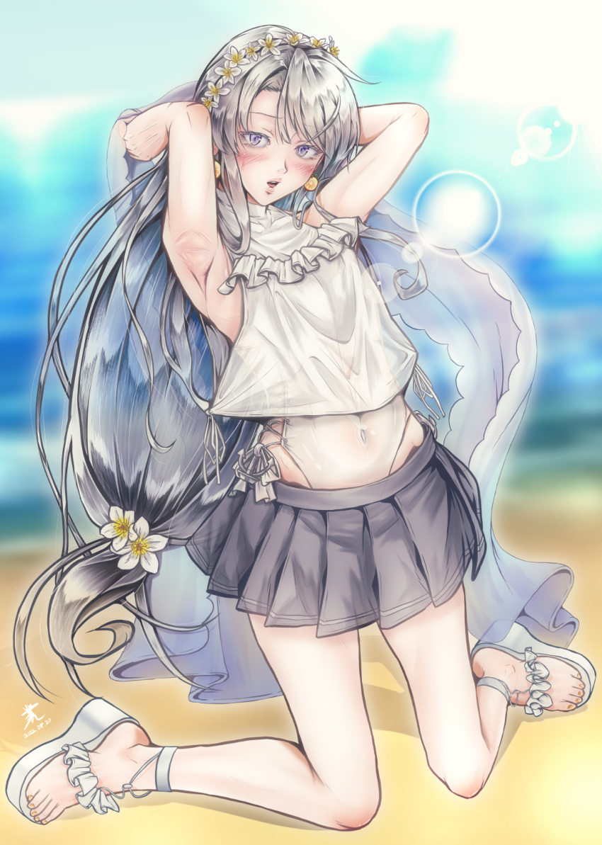 1girl anchor asymmetrical_bangs bangs beach casual_one-piece_swimsuit choker commentary_request crop_top flower frilled_shirt frills full_body goushougun-sensei grey_hair grey_skirt hair_flower hair_ornament hairband highleg highleg_swimsuit highres kantai_collection leaning_back lips long_hair looking_at_viewer low-tied_long_hair ocean official_alternate_costume one-piece_swimsuit pleated_skirt purple_eyes sagiri_(kancolle) shawl shirt side-tie_shirt side-tie_swimsuit sitting skirt solo swept_bangs swimsuit swimsuit_under_clothes toeless_footwear turtleneck wariza white_choker white_shawl white_swimsuit