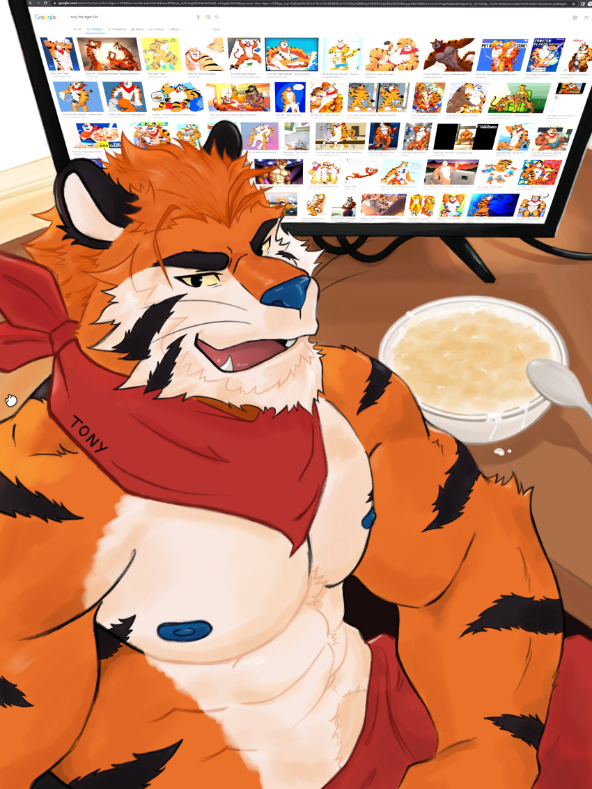 absurd_res bandanna blue_nipples blue_nose cereal clothed clothing computer fangs felid food frosted_flakes fur google hi_res kellogg's kerchief looking_at_viewer male mammal mascot muscular muscular_male nipples norrisssss orange_body orange_fur pantherine suggestive_fluid tiger tony_the_tiger topless topless_male whiskers yellow_sclera