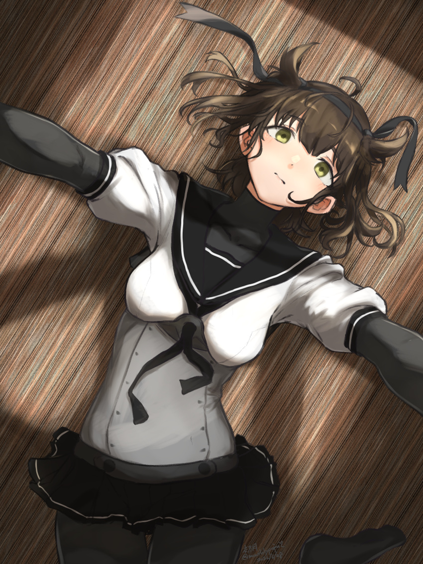 1girl absurdres black_bodysuit black_headband black_neckerchief black_sailor_collar black_skirt bodysuit brown_hair clothes_writing from_above hachimaki hair_flaps hatsuzuki_(kancolle) headband highres kantai_collection looking_at_viewer looking_up neckerchief reaching reaching_towards_viewer sailor_collar short_hair skirt solo umibudou wooden_floor yellow_eyes