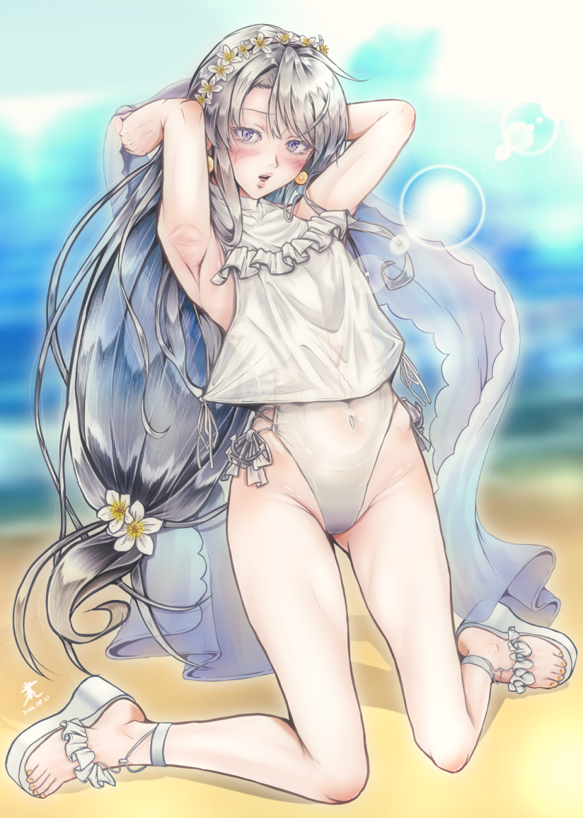 1girl anchor asymmetrical_bangs bangs beach casual_one-piece_swimsuit choker commentary_request crop_top flower frilled_shirt frills full_body goushougun-sensei grey_hair hair_flower hair_ornament hairband highleg highleg_swimsuit highres kantai_collection leaning_back lips long_hair looking_at_viewer low-tied_long_hair ocean official_alternate_costume one-piece_swimsuit purple_eyes sagiri_(kancolle) shawl shirt side-tie_shirt side-tie_swimsuit sitting solo swept_bangs swimsuit toeless_footwear turtleneck wariza white_choker white_shawl white_swimsuit