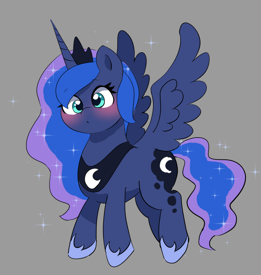 absurd_res blue_body blue_eyes blue_feathers blue_hair blue_tail blush clothing crown equid equine eyelashes feathered_wings feathers female footwear friendship_is_magic grey_background hair hasbro hi_res horn leo19969525 mammal my_little_pony princess_luna_(mlp) shoes simple_background winged_unicorn wings