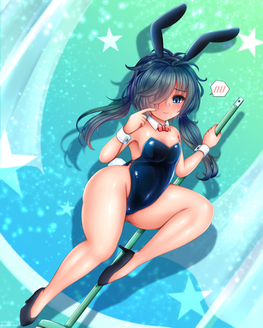 1girl animal_ears bare_legs black_hair blue_eyes blue_leotard bow bowtie breasts bunny_day commentary_request detached_collar full_body gradient_hair hair_over_one_eye highres leotard momiji_nabe_no_nabe multicolored_hair playboy_bunny pole_dancing pop'n_music rabbit_ears rabbit_tail red_bow red_bowtie small_breasts solo spoken_blush strapless strapless_leotard tail uta_(pop'n_music) wrist_cuffs