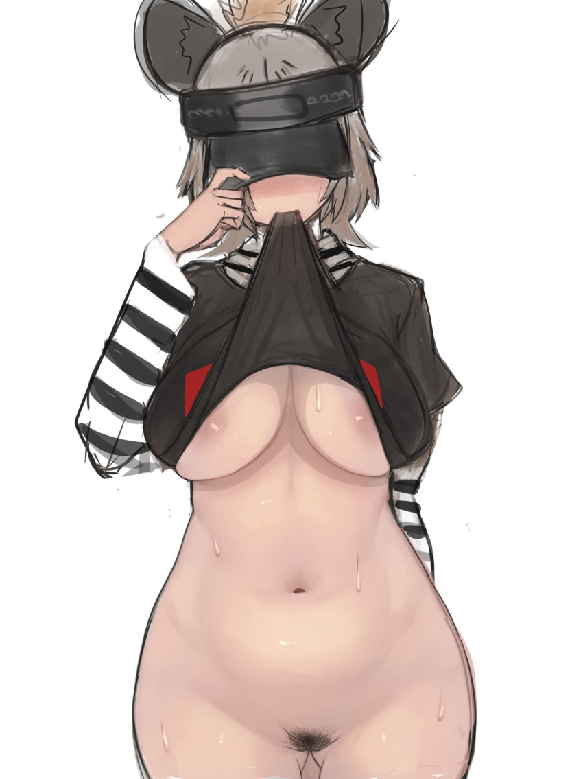 1girl animal_ears areola_slip arm_behind_back ass_visible_through_thighs black_hair black_pubic_hair blush bottomless breasts breasts_apart brown_hair clothes_lift covered_eyes facing_viewer female_pubic_hair grey_hair groin hand_on_headwear highres hyena_ears kemono_friends large_breasts layered_sleeves lifted_by_self long_sleeves mouth_hold multicolored_hair navel no_bra nose_blush pubic_hair shibori_kasu shirt shirt_lift short_over_long_sleeves short_sleeves sketch solo spotted_hyena_(kemono_friends) stomach sweat