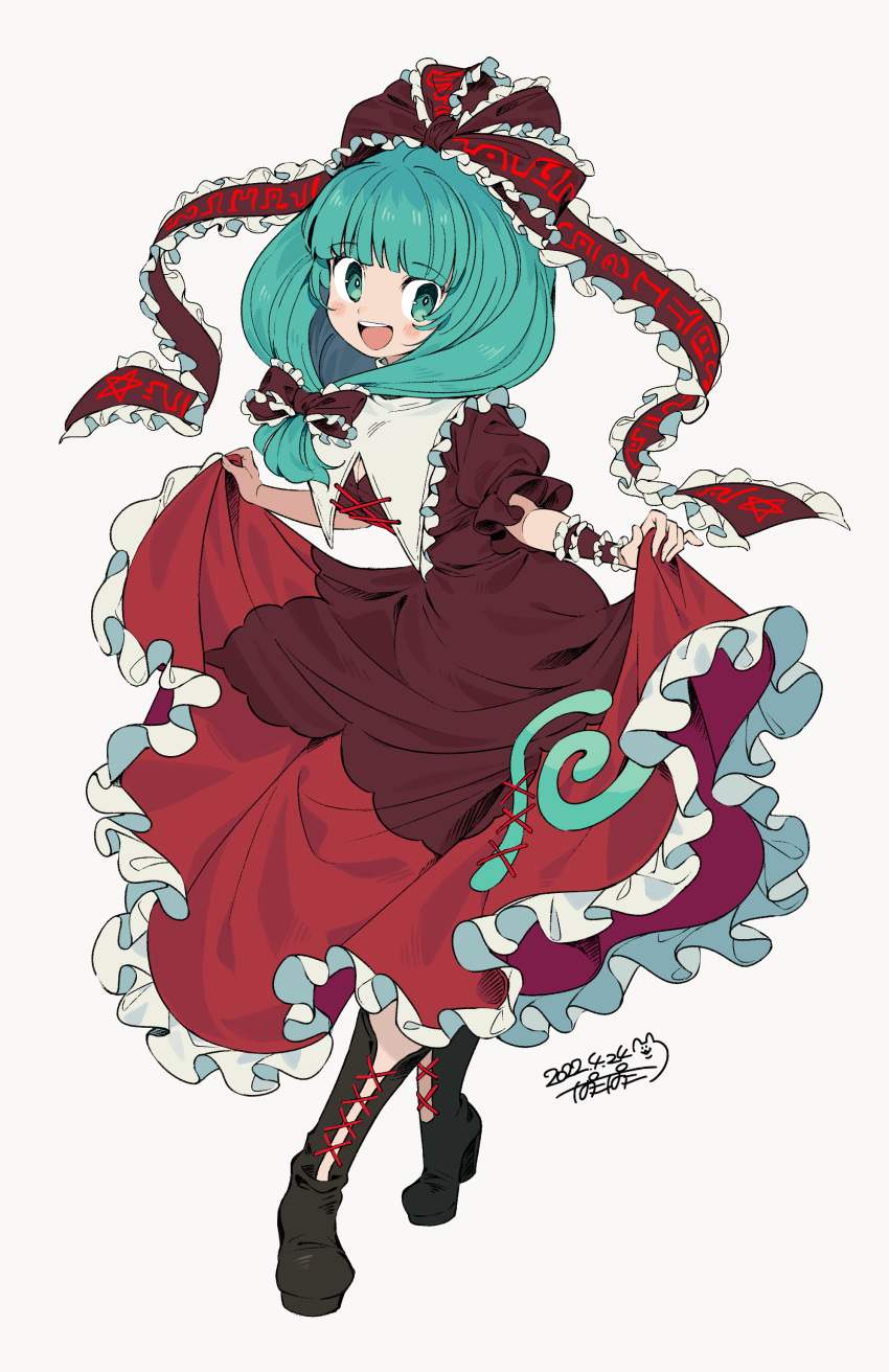 1girl :d absurdres bangs black_footwear blunt_bangs boots bow cross-laced_footwear dated dress front_ponytail full_body green_eyes green_hair grey_background hair_bow hair_ribbon high_heel_boots high_heels highres iroyopon kagiyama_hina looking_at_viewer open_mouth red_bow red_dress red_ribbon ribbon short_sleeves signature simple_background skirt_hold smile solo teeth touhou upper_teeth
