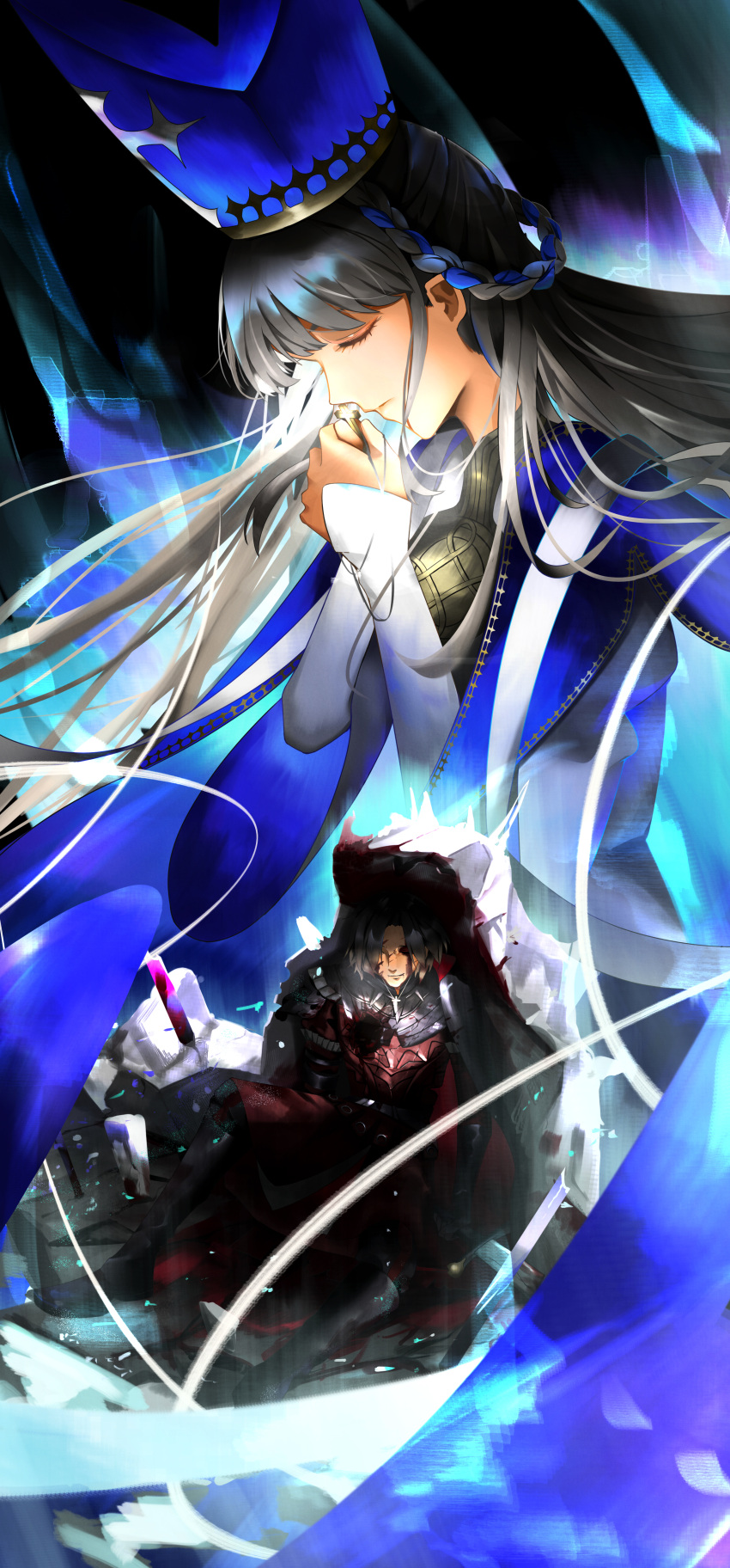 1boy 1girl absurdres bangs black_cape black_gloves black_hair black_pants blood blood_on_face blue_cape blue_hair blue_headwear boots cape closed_eyes closed_mouth commentary constantine_xi_(fate) cross cross_necklace dress fate/grand_order fate_(series) full_body gloves grey_hair hair_over_one_eye hands_up hat highres holding holding_cross injury jewelry kyamcya long_hair long_sleeves looped_braids mitre multicolored_hair necklace pants parted_bangs pool_of_blood pope_joan_(fate) red_armor red_tunic rubble short_hair sitting sleeves_past_wrists smile stole streaked_hair upper_body white_dress wide_sleeves