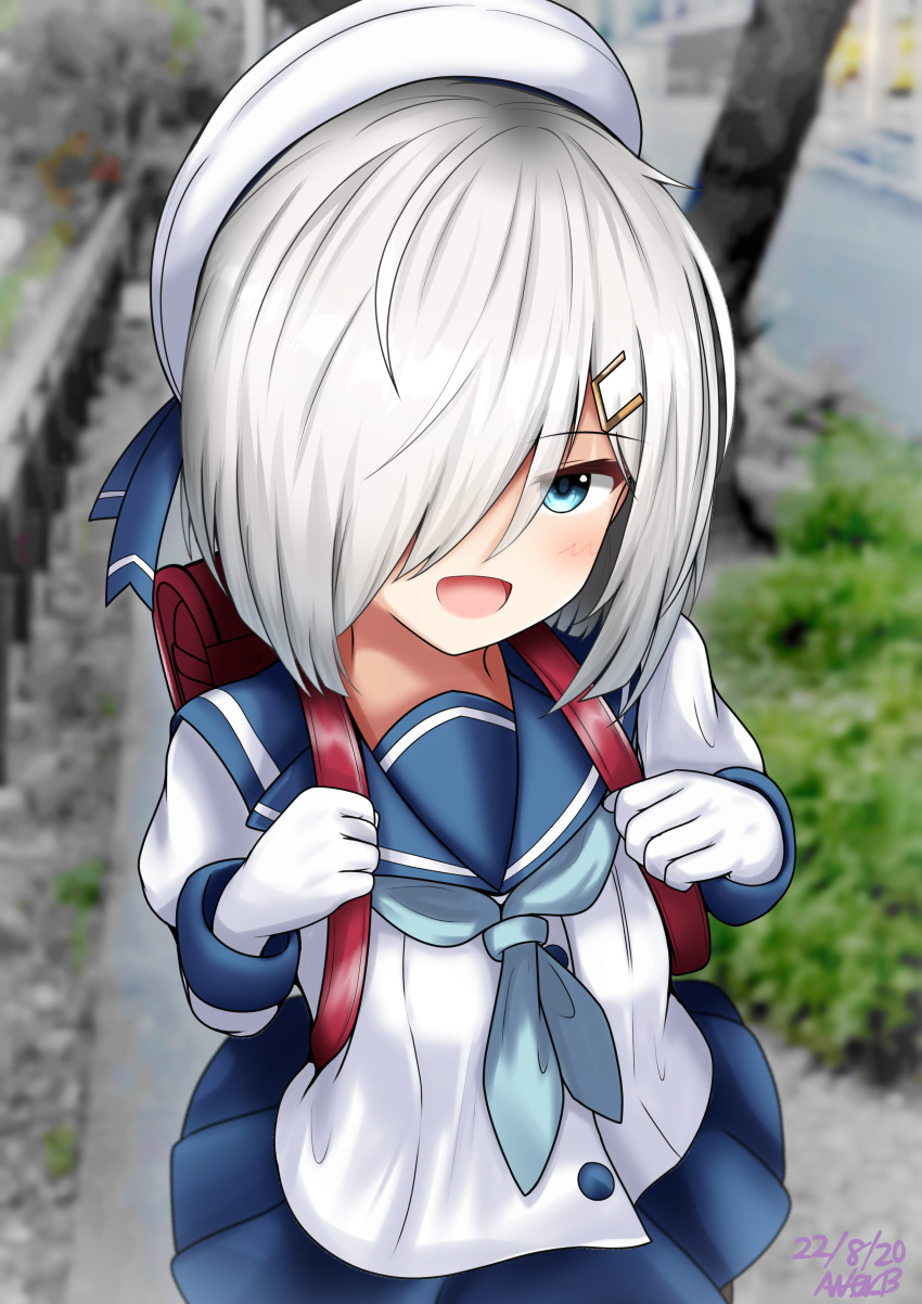 1girl abataa absurdres bag blue_eyes bob_cut gloves grey_hair hair_ornament hamakaze_(kancolle) hat highres kantai_collection school_bag school_uniform short_hair younger