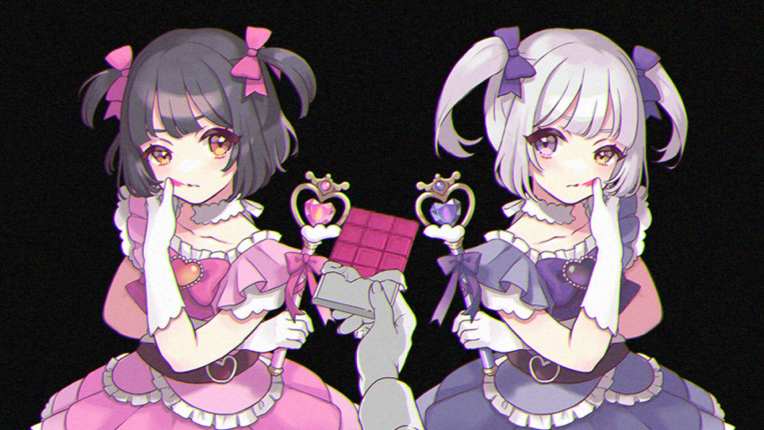 2girls asymmetrical_eyes bangs belt blunt_bangs blush bow bowtie brooch brown_belt brown_hair censored chocolate choker chromatic_aberration closed_mouth crossed_arms dress eyebrows_hidden_by_hair food food_on_face frilled_dress frilled_sleeves frills gem gloves hair_bow heart heterochromia holding holding_chocolate holding_food holding_wand jewelry kamogawa_akira kano_(singer) layered_sleeves lon_(niconico) looking_at_viewer magical_girl mahou_shoujo_to_chokorewito_(vocaloid) matching_hairstyle matching_outfit multiple_girls no_nose orange_eyes orange_gemstone pink_bow pink_bowtie pink_dress pointless_censoring purple_bow purple_bowtie purple_brooch purple_dress purple_eyes purple_gemstone ribbon_choker short_hair short_sleeves sidelocks symmetrical_pose twintails two_side_up upper_body wand white_choker white_gloves white_hair yellow_eyes