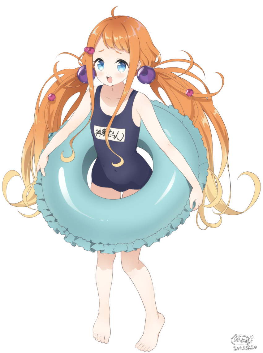 1girl bare_arms bare_legs bare_shoulders barefoot black_swimsuit blue_eyes blush commentary_request copyright_request dated frilled_innertube highres innertube long_hair looking_at_viewer low_twintails name_tag neki_(wakiko) old_school_swimsuit one-piece_swimsuit open_mouth orange_hair school_swimsuit signature simple_background solo swimsuit teeth translation_request twintails upper_teeth very_long_hair white_background