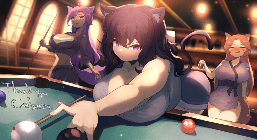 3girls =_= absurdres ahoge animal_ears ball bangs bent_over billiard_ball billiards black_hair blush breasts brown_hair cat_ears cat_tail character_request copyright_request crop_top cue_stick dark_skin dress grey_shirt highres indoors large_breasts long_hair looking_at_viewer midriff multiple_girls navel nose_blush ohako_(ohako1818) pool_table purple_dress purple_eyes purple_hair shirt short_shorts shorts stomach table tail window