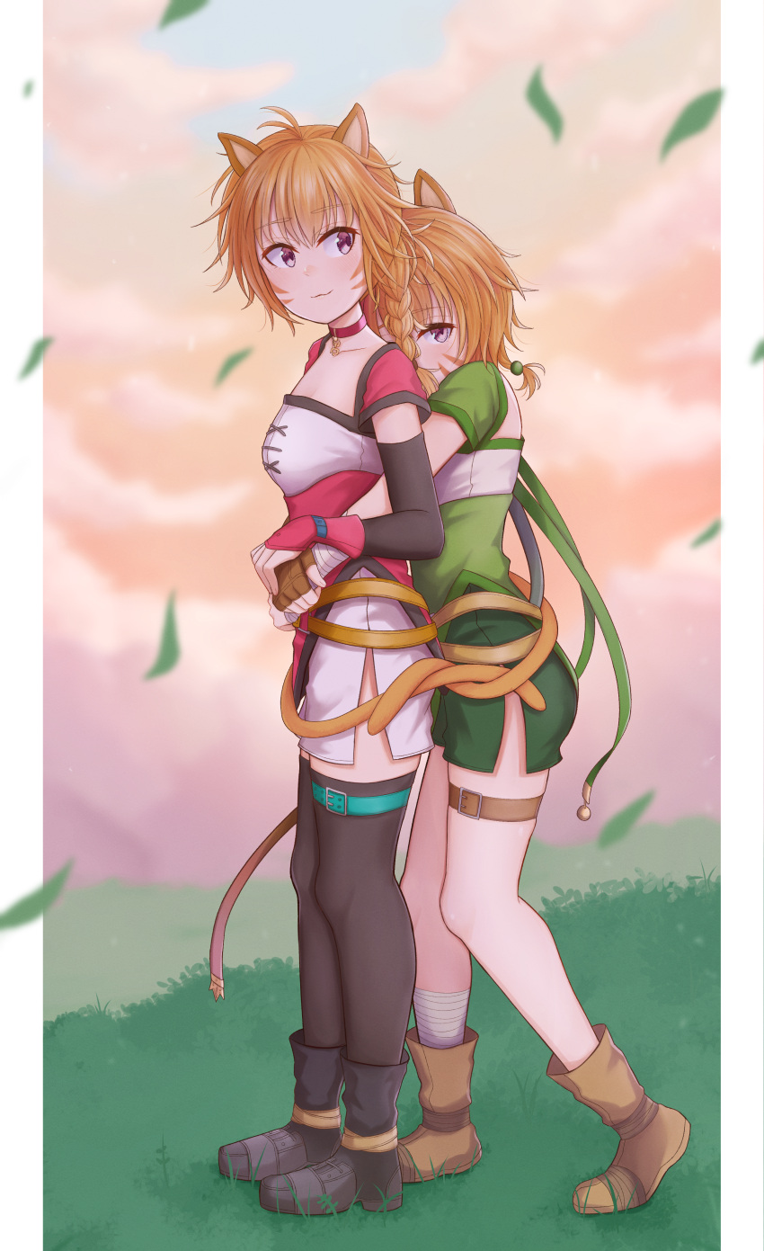 absurdres atorie cat_girl collar fire_emblem fire_emblem:_radiant_dawn highres hug hug_from_behind leggings lethe_(fire_emblem) lyre_(fire_emblem) orange_hair outdoors purple_eyes smile tail