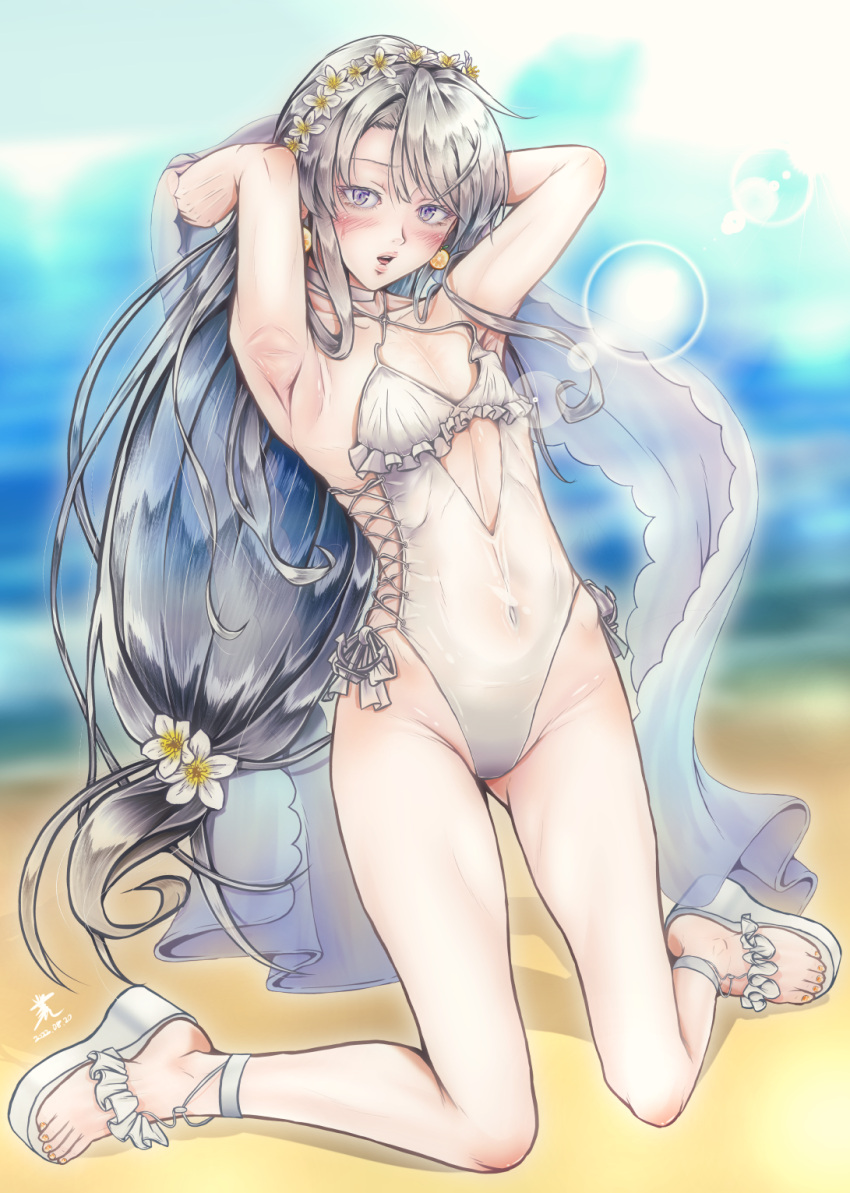 1girl anchor asymmetrical_bangs bangs beach breasts casual_one-piece_swimsuit choker commentary_request flower frilled_swimsuit frills full_body goushougun-sensei grey_hair hair_flower hair_ornament hairband highleg highleg_swimsuit highres kantai_collection leaning_back lips long_hair looking_at_viewer low-tied_long_hair ocean official_alternate_costume one-piece_swimsuit purple_eyes sagiri_(kancolle) shawl side-tie_swimsuit sitting small_breasts solo swept_bangs swimsuit toeless_footwear wariza white_choker white_shawl white_swimsuit