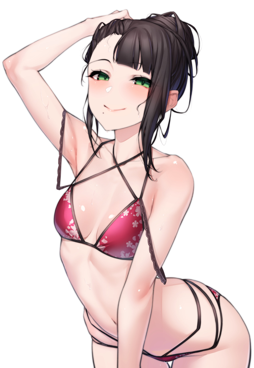 1girl absurdres arched_back armpits bare_shoulders bikini black_hair breasts closed_mouth collarbone floral_print green_eyes hair_bun hair_pulled_back highres kurosawa_dia leaning_forward looking_at_viewer love_live! love_live!_sunshine!! mole mole_under_mouth multi-strapped_bikini nasuno_(nasuno42) navel red_bikini sidelocks simple_background small_breasts smile solo stomach strap_slip swimsuit wet wet_hair white_background