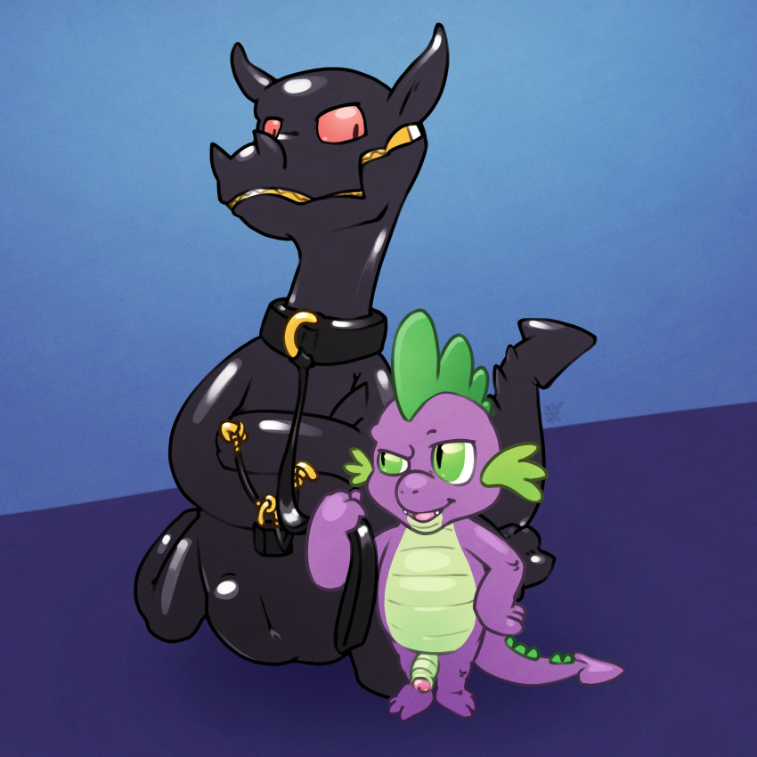 1:1 absurd_res anthro argon_vile bdsm bondage bound bulge collar digital_media_(artwork) dragon duo fizzle_(mlp) friendship_is_magic genitals gimp_suit hasbro hi_res kneeling leash_and_collar lock male male/male my_little_pony nude penis restraints rubber scalie simple_background size_difference small_dom_big_sub spike_(mlp) zipper