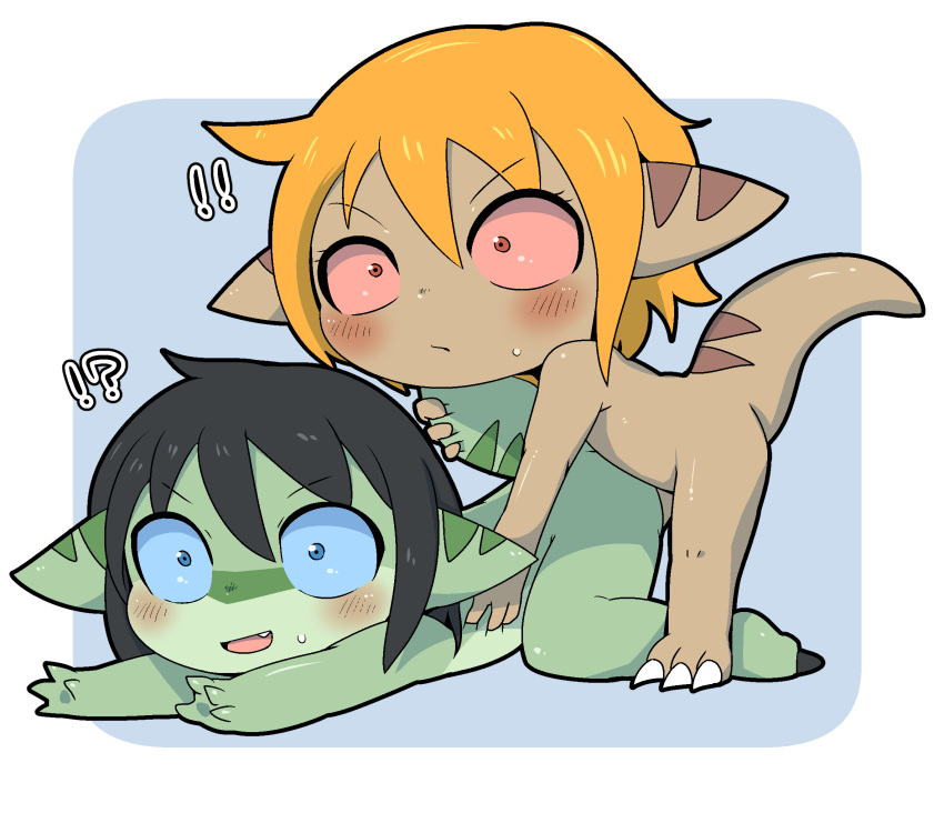 ?! adult_(lore) anthro bamfear black_hair blonde_hair blush bodily_fluids brown_body clive_(doneru) doneru duo embrace green_body hair hi_res hug lying nude on_front on_top raised_tail simple_background surprised_expression sweat tany_(doneru) young