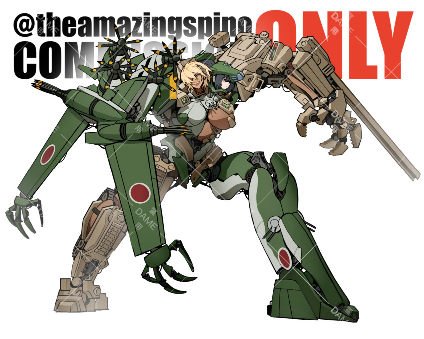 2girls arm_cannon black_eyes black_hair blonde_hair blue_eyes commission conjoined dark-skinned_female dark_skin extra_arms green_eyes hair_over_one_eye highres mecha multiple_girls one_eye_covered open_hand open_mouth original robot science_fiction smile theamazingspino watermark weapon
