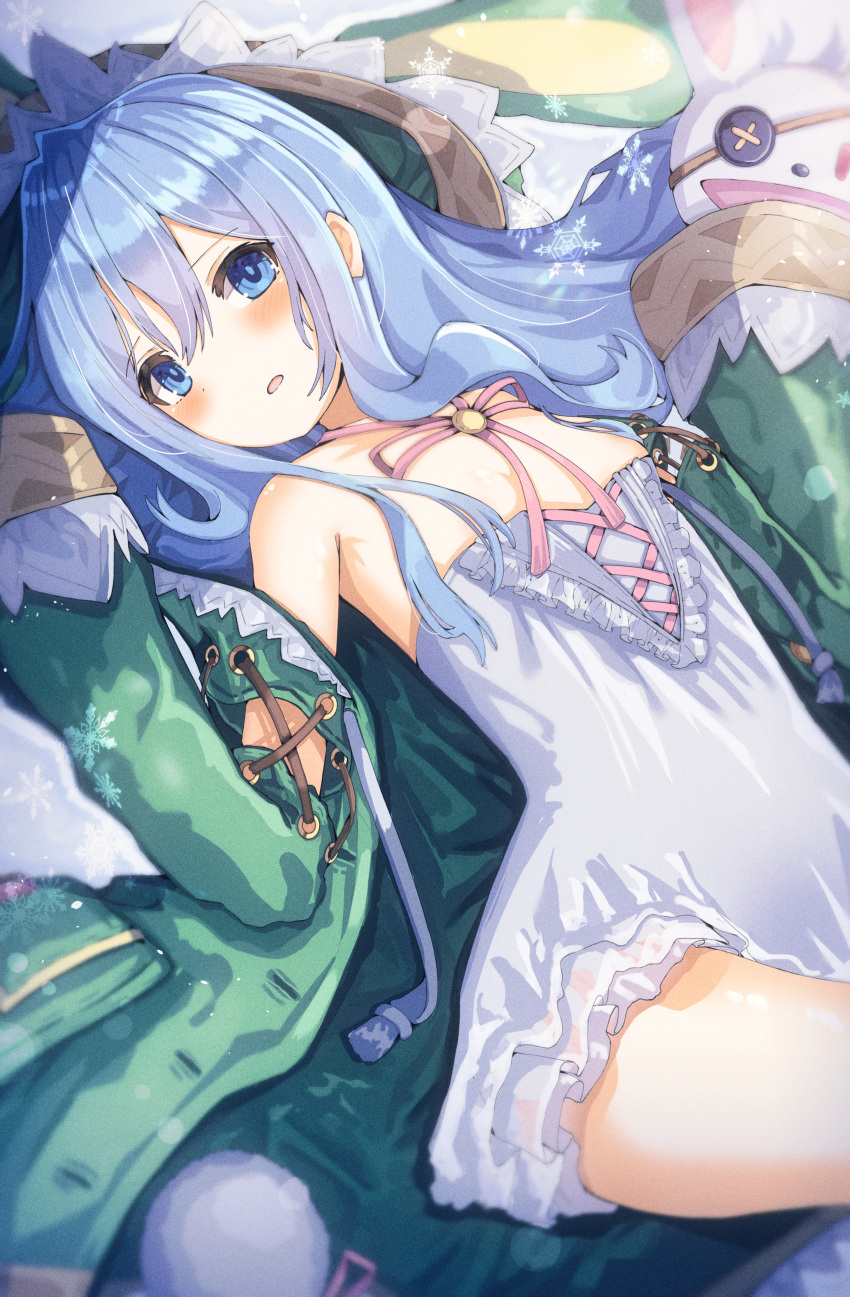 1girl absurdres arms_up bare_shoulders blue_eyes blue_hair blush breasts cleavage coat date_a_live dress green_coat highres long_hair lying nahril off_shoulder on_back open_clothes open_coat open_mouth sleeves_past_wrists small_breasts solo strapless strapless_dress thighs white_dress yoshino_(date_a_live) yoshinon