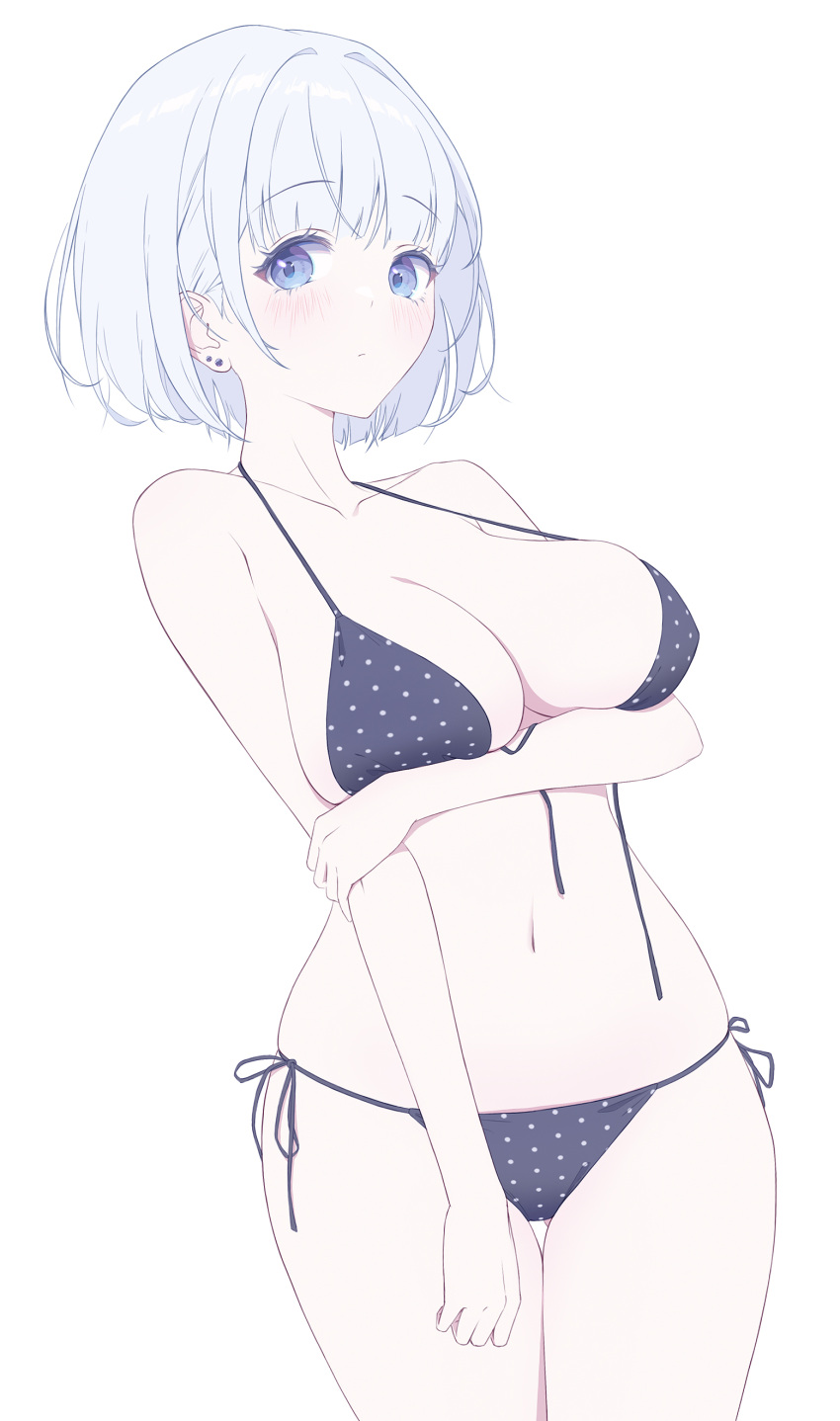 1girl absurdres bikini black_bikini blue_eyes blush breast_lift breasts earrings hand_on_own_arm highres jewelry large_breasts navel original pale_skin short_hair side-tie_bikini simple_background standing stud_earrings swimsuit vivid507 white_background white_hair