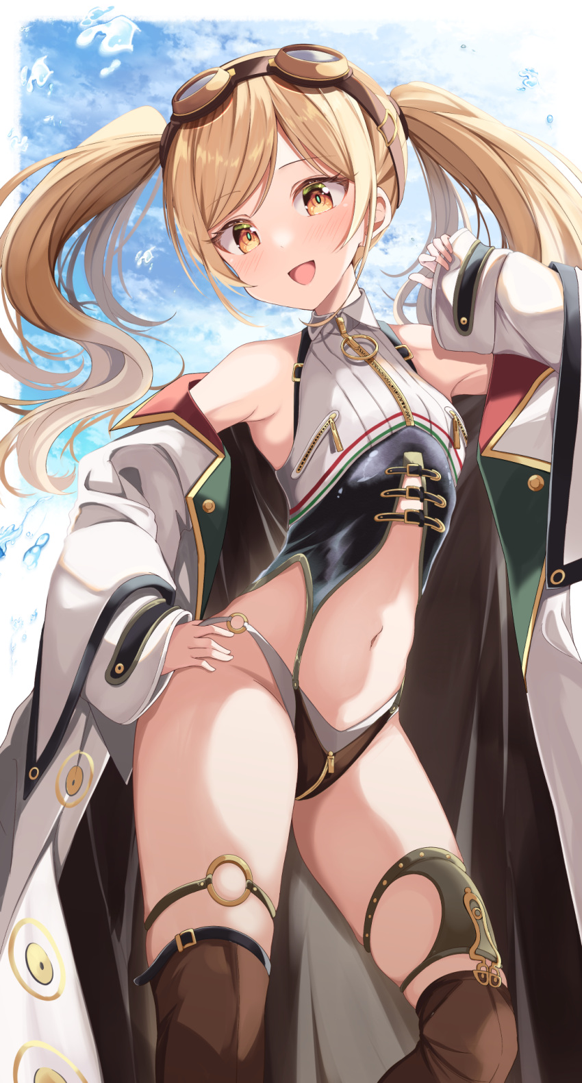 acchii_(akina) arm_up armpits azur_lane blonde_hair breast_zipper coat contrapposto crotch_zipper goggles goggles_on_head hand_on_hip highleg highleg_swimsuit highres leonardo_da_vinci_(azur_lane) long_hair off_shoulder red_eyes swimsuit thigh_strap thighhighs twintails white_coat zipper