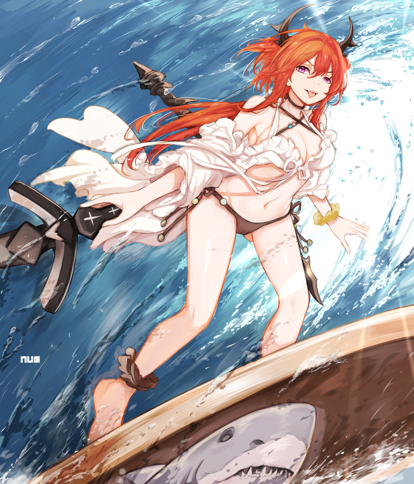 1girl :p absurdres arknights bangs bare_legs bare_shoulders barefoot bikini black_choker breasts choker cleavage detached_sleeves hair_between_eyes highres horns long_hair long_sleeves looking_at_viewer medium_breasts navel nui_gurumi official_alternate_costume purple_eyes red_hair shark side-tie_bikini solo stomach surfing surtr_(arknights) surtr_(colorful_wonderland)_(arknights) swimsuit thighs tongue tongue_out very_long_hair water