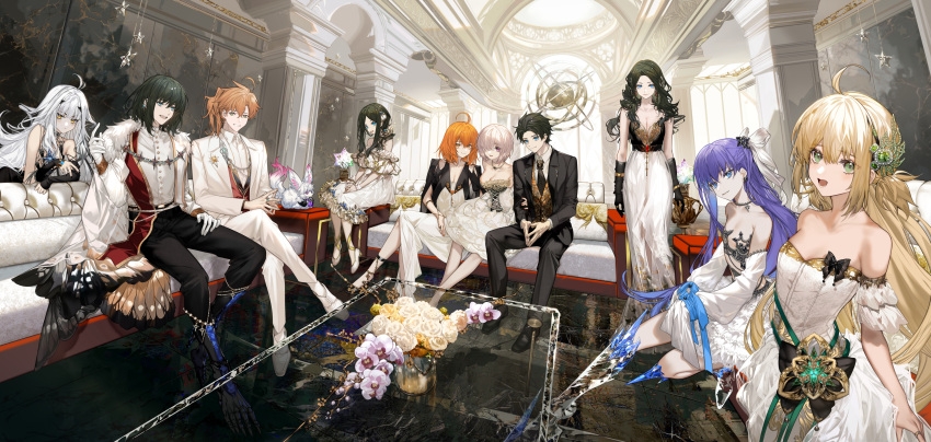 3boys 6+girls absurdres ahoge arlizi artoria_caster_(fate) artoria_pendragon_(fate) bangs bare_shoulders black_dress black_footwear black_gloves black_hair black_necktie black_pants black_suit blonde_hair blue_eyes breasts cleavage commentary couch crossed_legs detached_sleeves dress dutch_angle elbow_gloves fairy_knight_lancelot_(fate) fate/grand_order fate_(series) formal fou_(fate) fujimaru_ritsuka_(female) fujimaru_ritsuka_(male) fur_trim glass_table gloves green_eyes grin hair_ornament hair_over_one_eye highres indoors leaning_forward leonardo_da_vinci_(fate) leonardo_da_vinci_(rider)_(fate) long_hair looking_at_viewer mash_kyrielight medium_hair meltryllis_(fate) multiple_boys multiple_girls necktie oberon_(fate) open_mouth orange_eyes orange_hair pants parted_bangs plant ponytail potted_plant prosthesis prosthetic_leg purple_eyes purple_hair red_sash romani_archaman sash shirt shirt_tucked_in shoes shoulder_cape sidelocks sitting smile standing strapless strapless_dress suit symbol-only_commentary table waistcoat white_dress white_footwear white_hair white_pants white_shirt white_suit