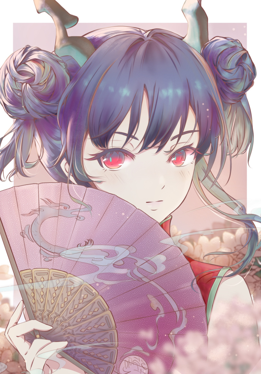 1girl arknights bangs bare_shoulders blue_hair ch'en_(ageless_afterglow)_(arknights) ch'en_(arknights) chinese_commentary commentary_request double_bun dragon_horns dress folding_fan hair_bun hand_fan highres holding holding_fan horns long_hair looking_at_viewer red_dress red_eyes sleeveless sleeveless_dress solo upper_body ya_(witchroy)