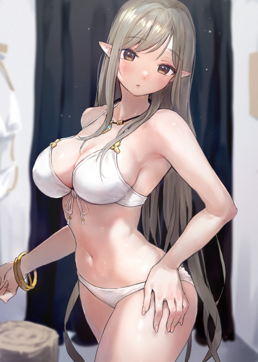 1girl bikini blush bracelet breasts cleavage curtains elf fitting_room front-tie_top gem green_hair hand_on_hip highres jewelry large_breasts long_hair navel necklace original parted_lips pointy_ears shiny shiny_skin sideboob solo swimsuit takeashiro thighs very_long_hair white_bikini