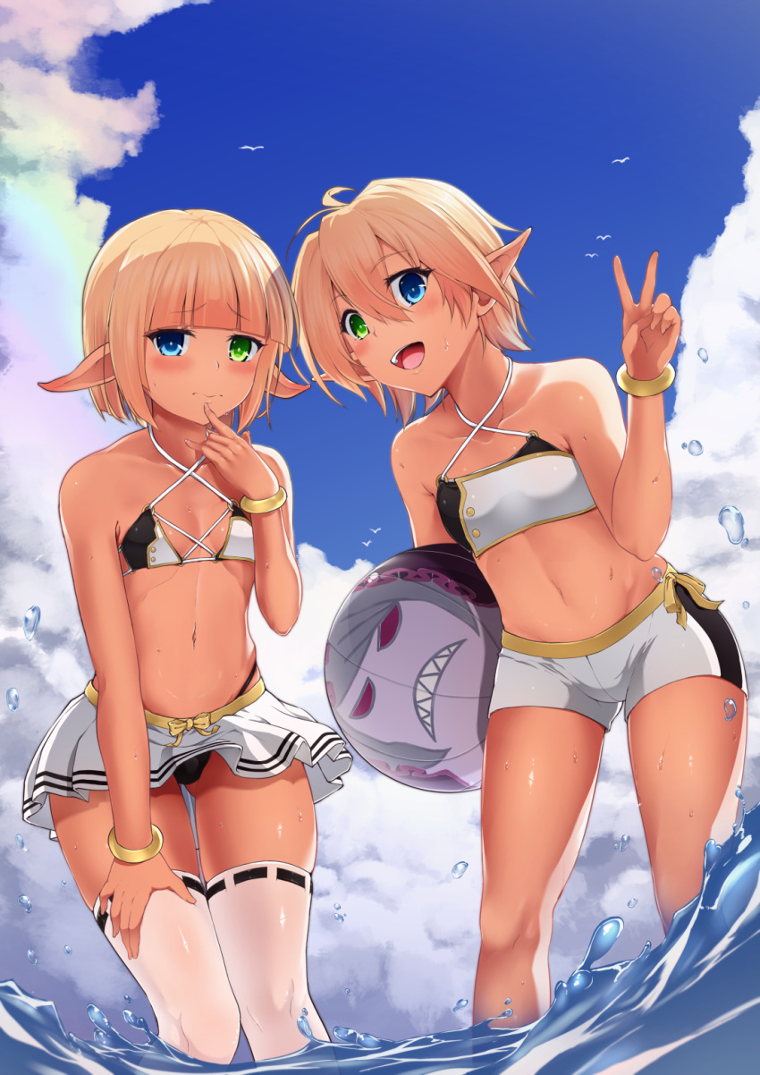 1boy 1girl ahoge aura_bella_fiora ball bangs bare_shoulders beachball bikini bikini_under_clothes bird blonde_hair blue_eyes blue_sky blunt_bangs blush brother_and_sister closed_mouth cloud cloudy_sky collarbone crossdressing dark_elf day elf finger_to_mouth green_eyes heterochromia highres holding holding_ball looking_at_viewer lowleg lowleg_bikini mare_bello_fiore midriff navel open_mouth otoko_no_ko outdoors overlord_(maruyama) pleated_skirt pointy_ears reverse_trap ribbon seagull shiny shiny_skin short_hair shorts siblings skirt sky smile standing stomach sweat swimsuit teeth thighhighs thighs tomboy twins upper_teeth v water white_thighhighs yellow_ribbon